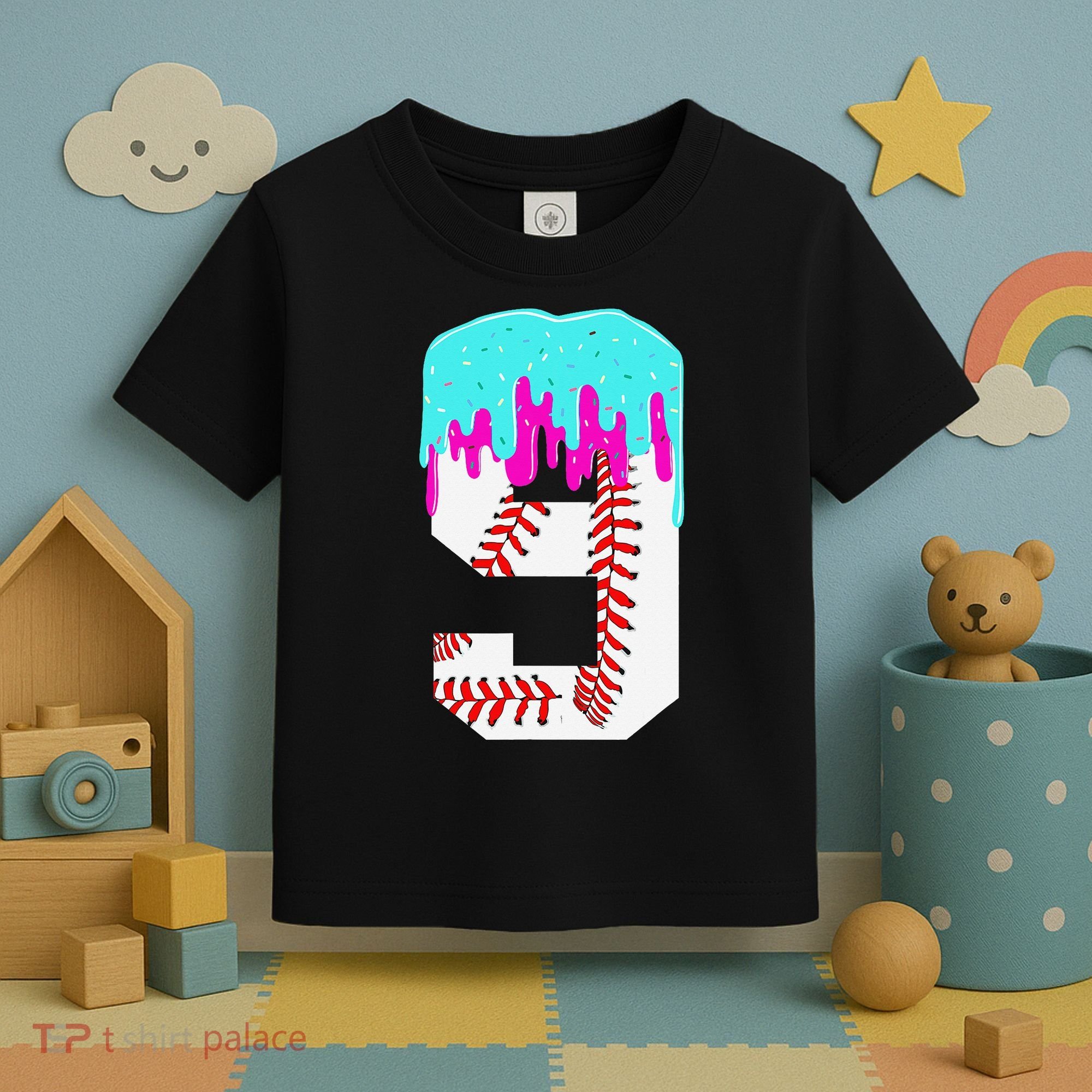 Baseball Drip 9 Year Old 9th Birthday Jersey Number 9 Toddler T-Shirt