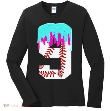 Baseball Drip 9 Year Old 9th Birthday Jersey Number 9 Women's Long Sleeve Shirt