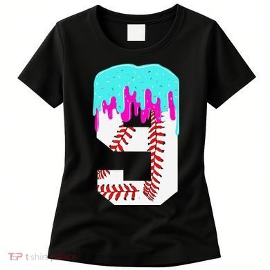 Baseball Drip 9 Year Old 9th Birthday Jersey Number 9 Women's T-Shirt