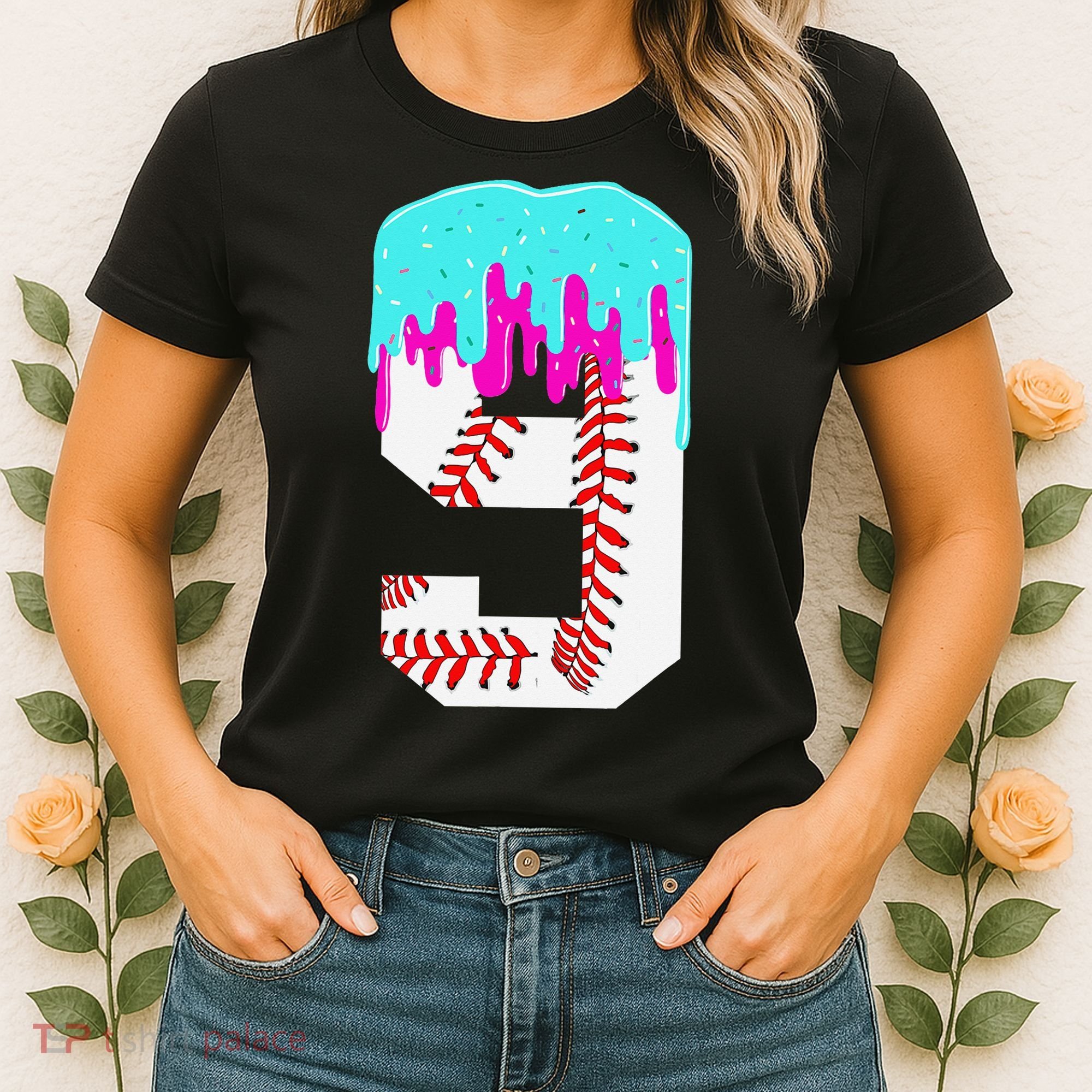 Baseball Drip 9 Year Old 9th Birthday Jersey Number 9 Women's T-Shirt