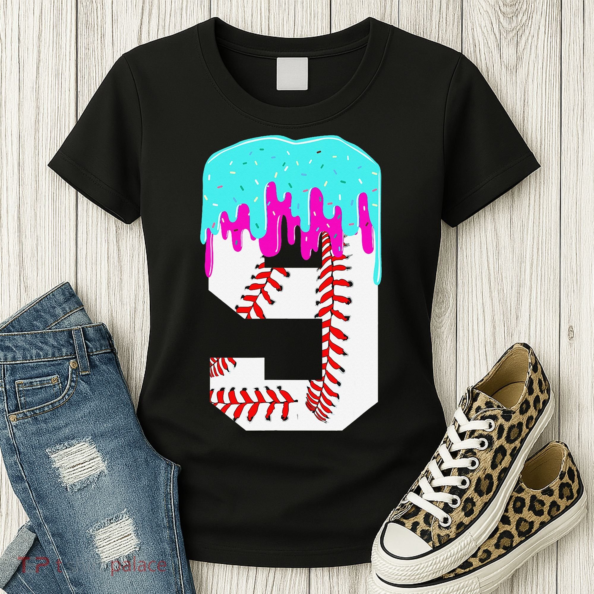 Baseball Drip 9 Year Old 9th Birthday Jersey Number 9 Women's T-Shirt