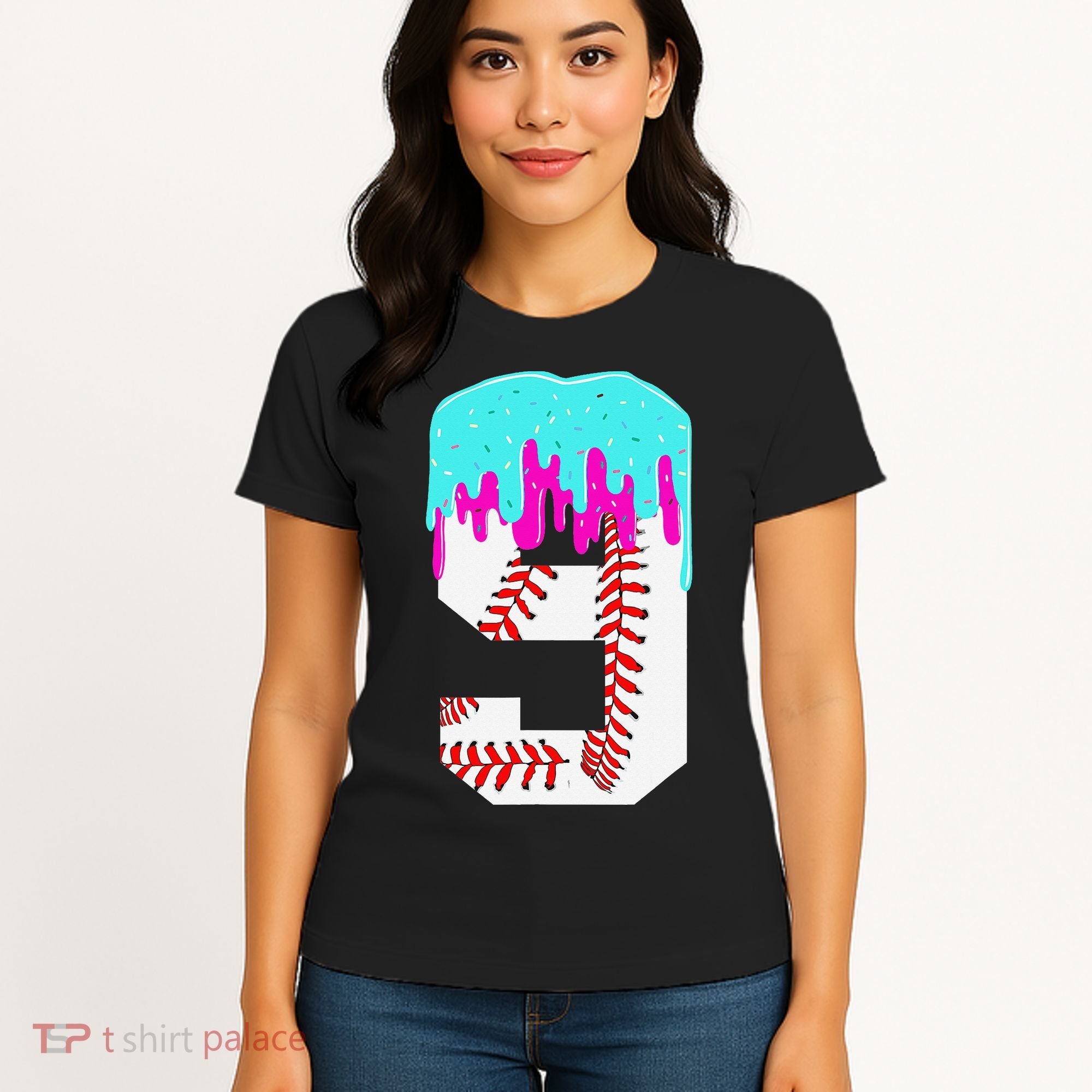 Baseball Drip 9 Year Old 9th Birthday Jersey Number 9 Women's T-Shirt