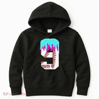 Baseball Drip 9 Year Old 9th Birthday Jersey Number 9 Kids Hoodie