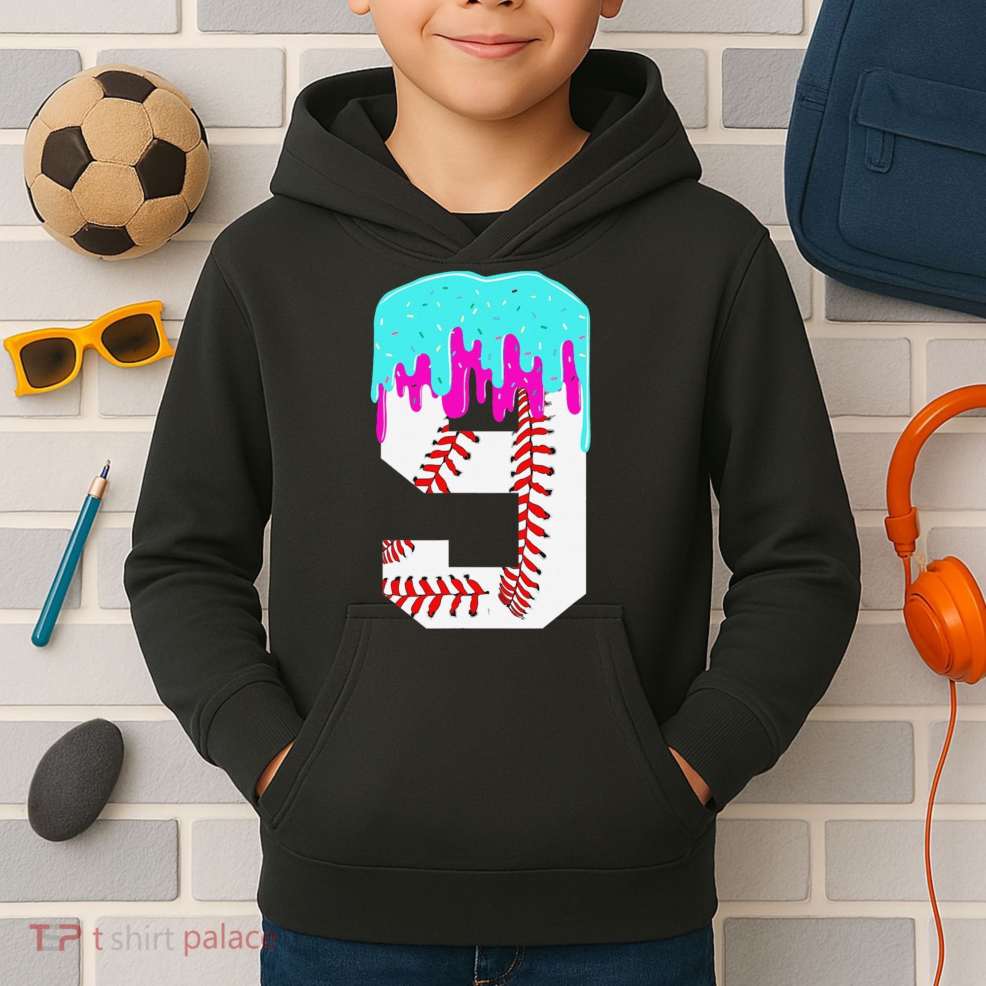 Baseball Drip 9 Year Old 9th Birthday Jersey Number 9 Kids Hoodie