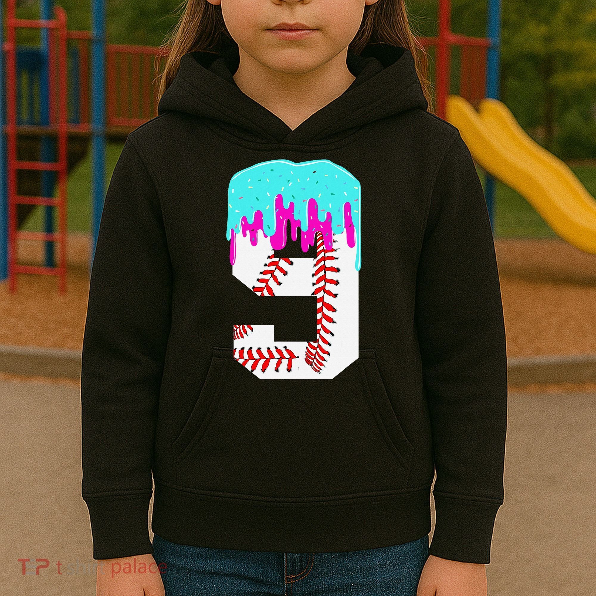 Baseball Drip 9 Year Old 9th Birthday Jersey Number 9 Kids Hoodie