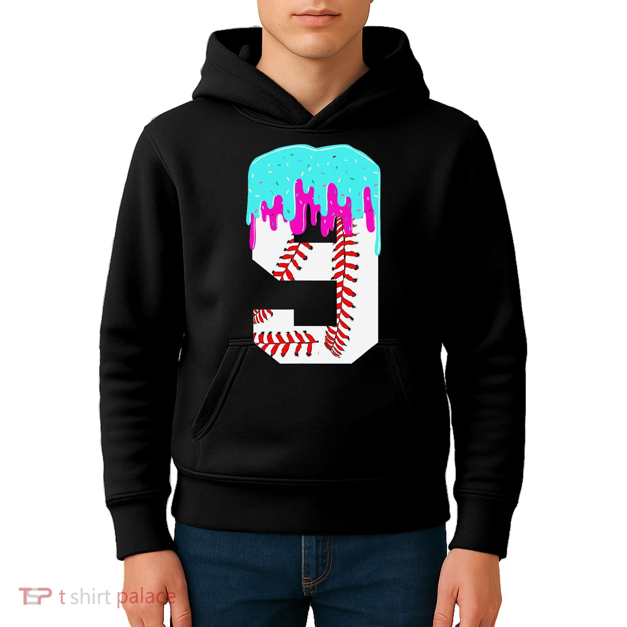 Baseball Drip 9 Year Old 9th Birthday Jersey Number 9 Kids Hoodie