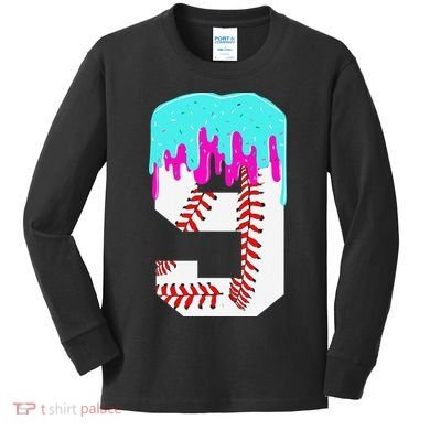 Baseball Drip 9 Year Old 9th Birthday Jersey Number 9 Kids Long Sleeve Shirt
