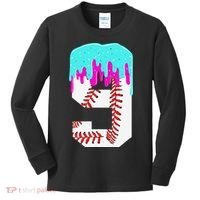 Baseball Drip 9 Year Old 9th Birthday Jersey Number 9 Kids Long Sleeve Shirt thumb 0