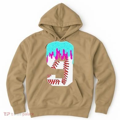 Baseball Drip 9 Year Old 9th Birthday Jersey Number 9 Hoodie