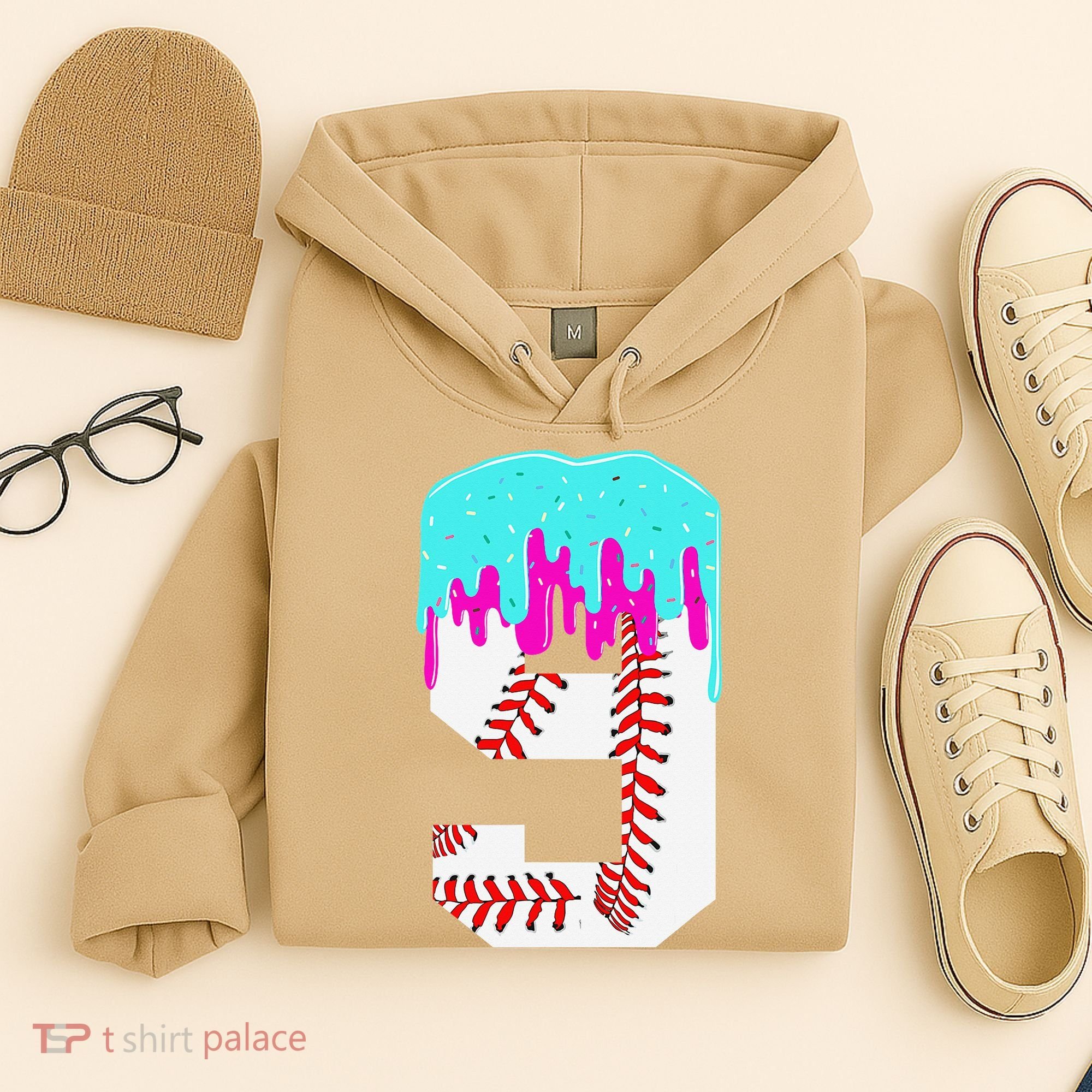 Baseball Drip 9 Year Old 9th Birthday Jersey Number 9 Hoodie