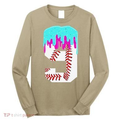 Baseball Drip 9 Year Old 9th Birthday Jersey Number 9 Long Sleeve Shirt