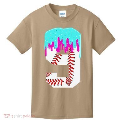 Baseball Drip 9 Year Old 9th Birthday Jersey Number 9 Kids T-Shirt