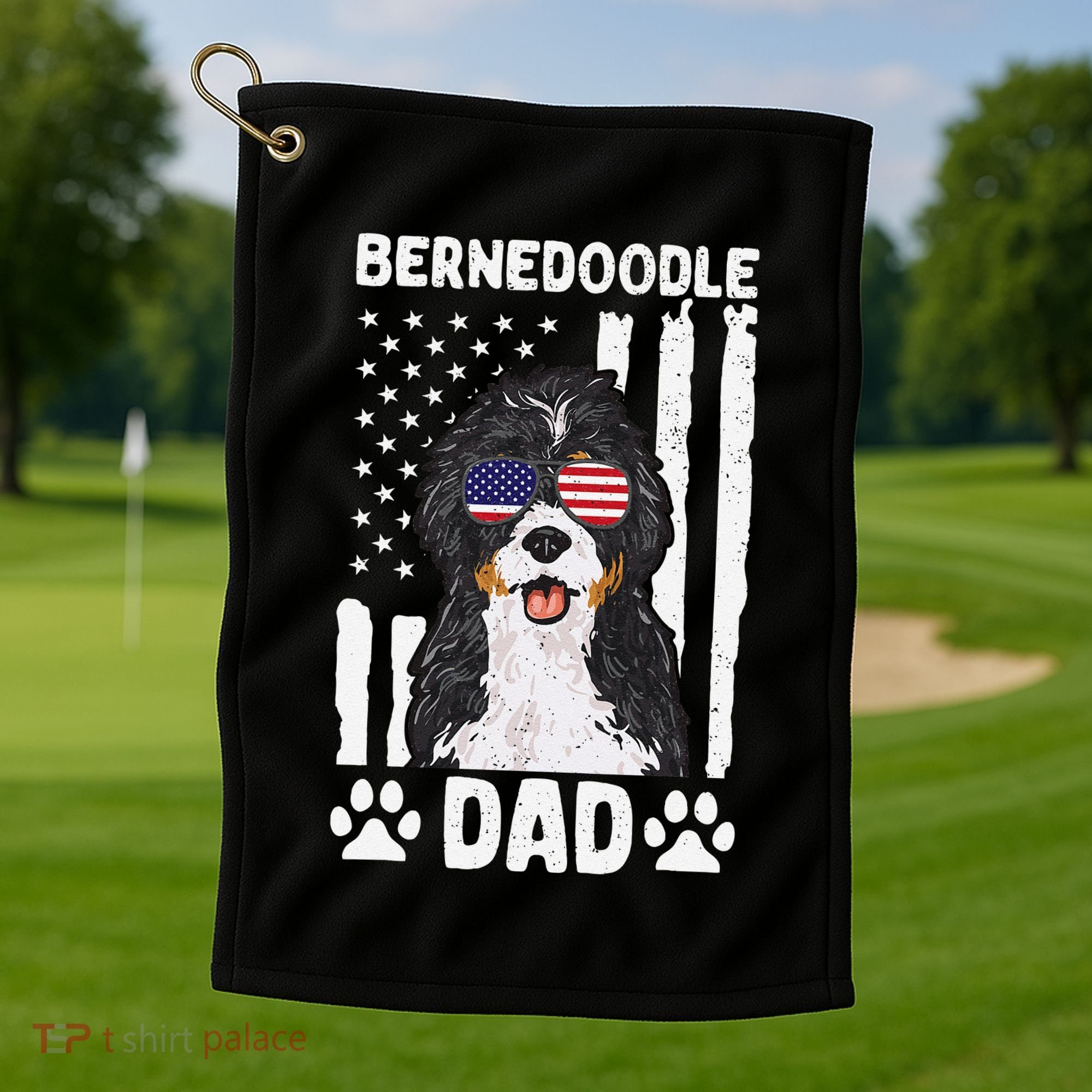 Bernedoodle Dog American Flag Bernedoodle Dad Golf Towel