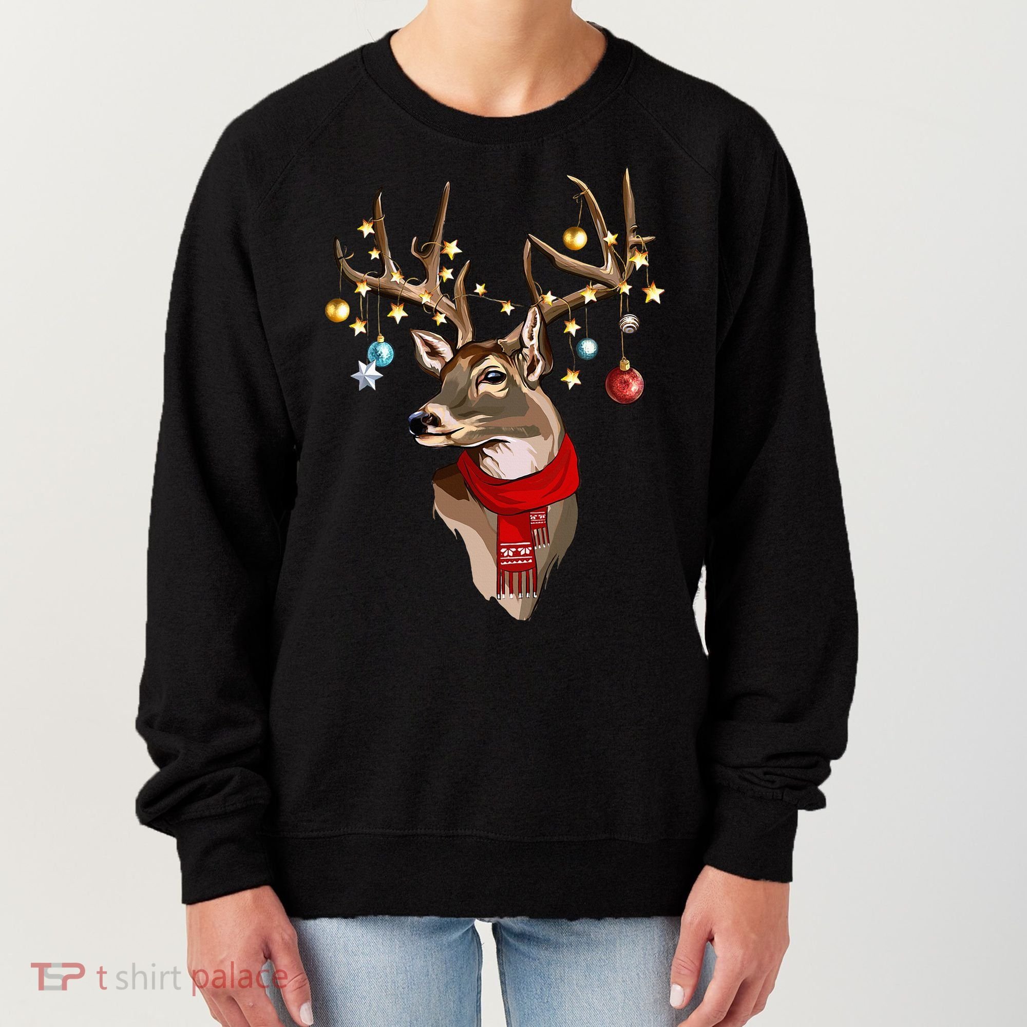 Buck Deer Antlers Christmas Lights Scarf Xmas Party Women's Sweatshirt