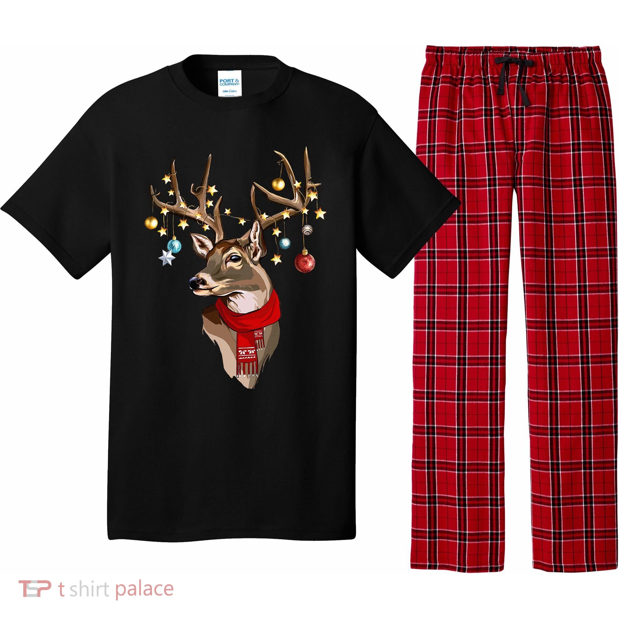 Buck Deer Antlers Christmas Lights Scarf Xmas Party Pajama Set