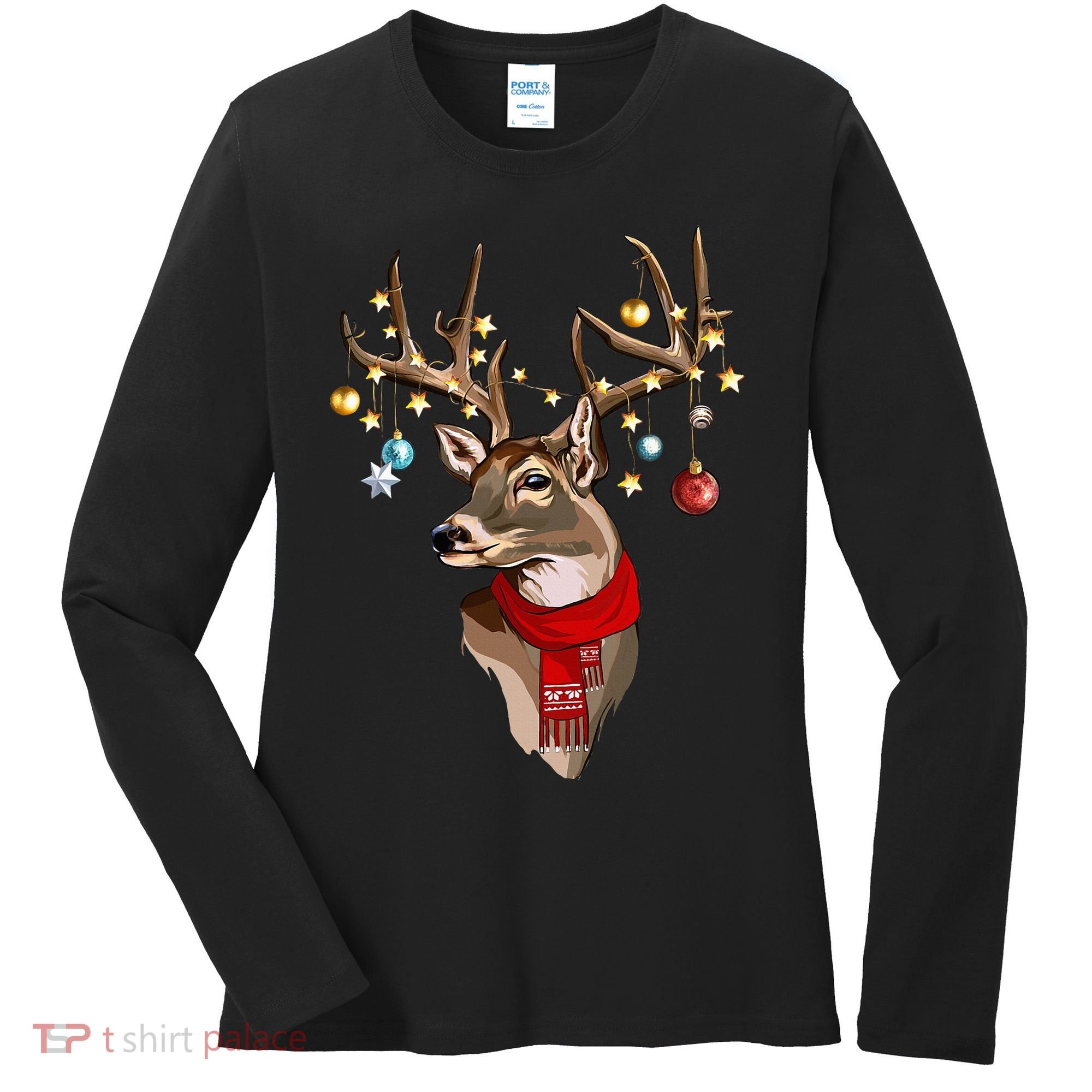 Buck Deer Antlers Christmas Lights Scarf Xmas Party Women's Long Sleeve Shirt