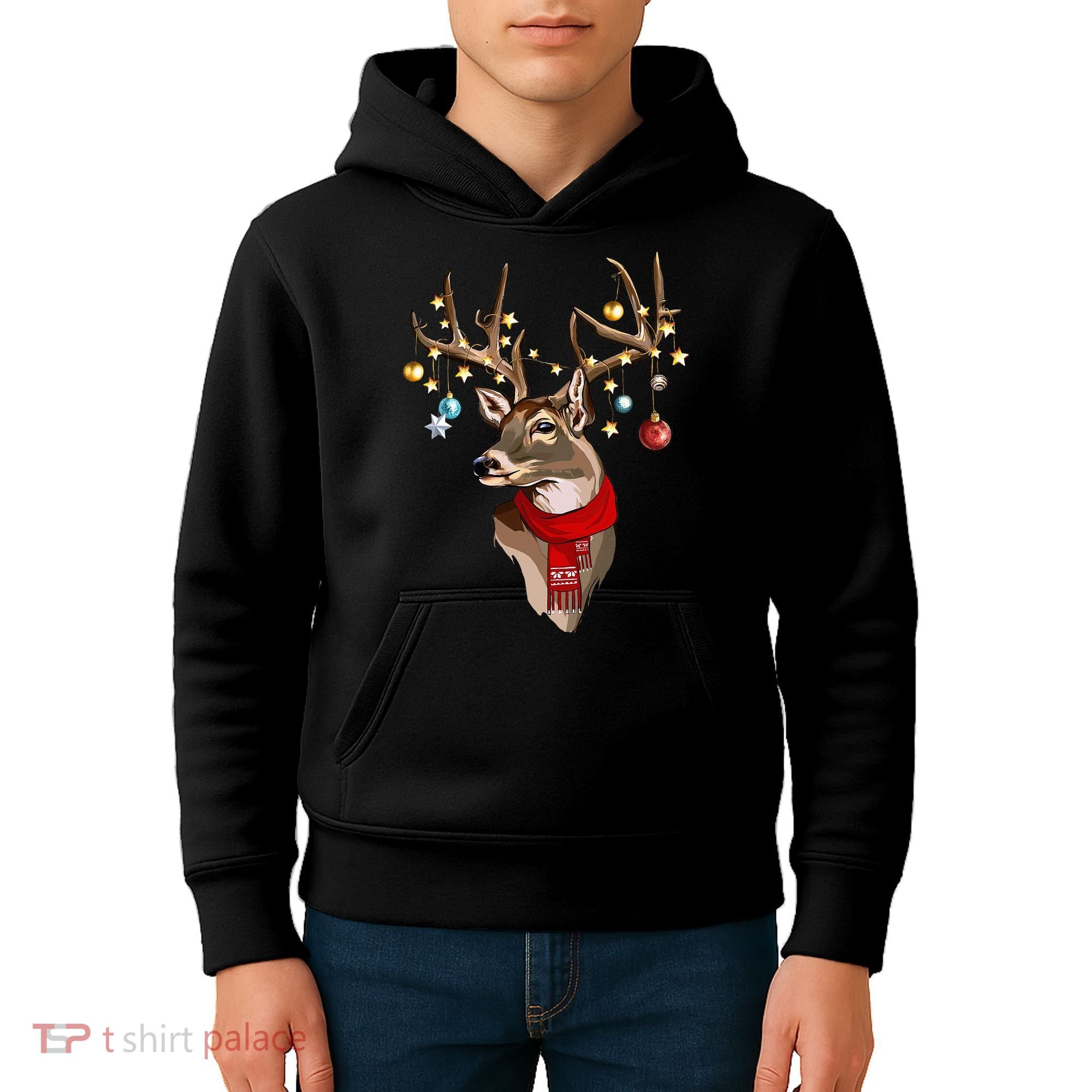 Buck Deer Antlers Christmas Lights Scarf Xmas Party Kids Hoodie