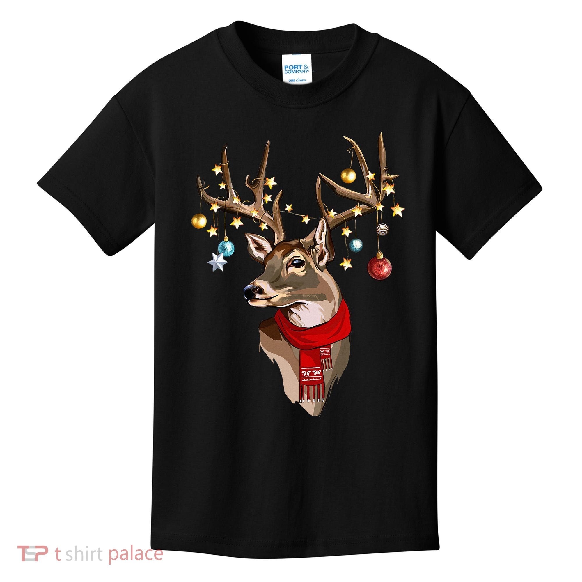 Buck Deer Antlers Christmas Lights Scarf Xmas Party Kids T-Shirt