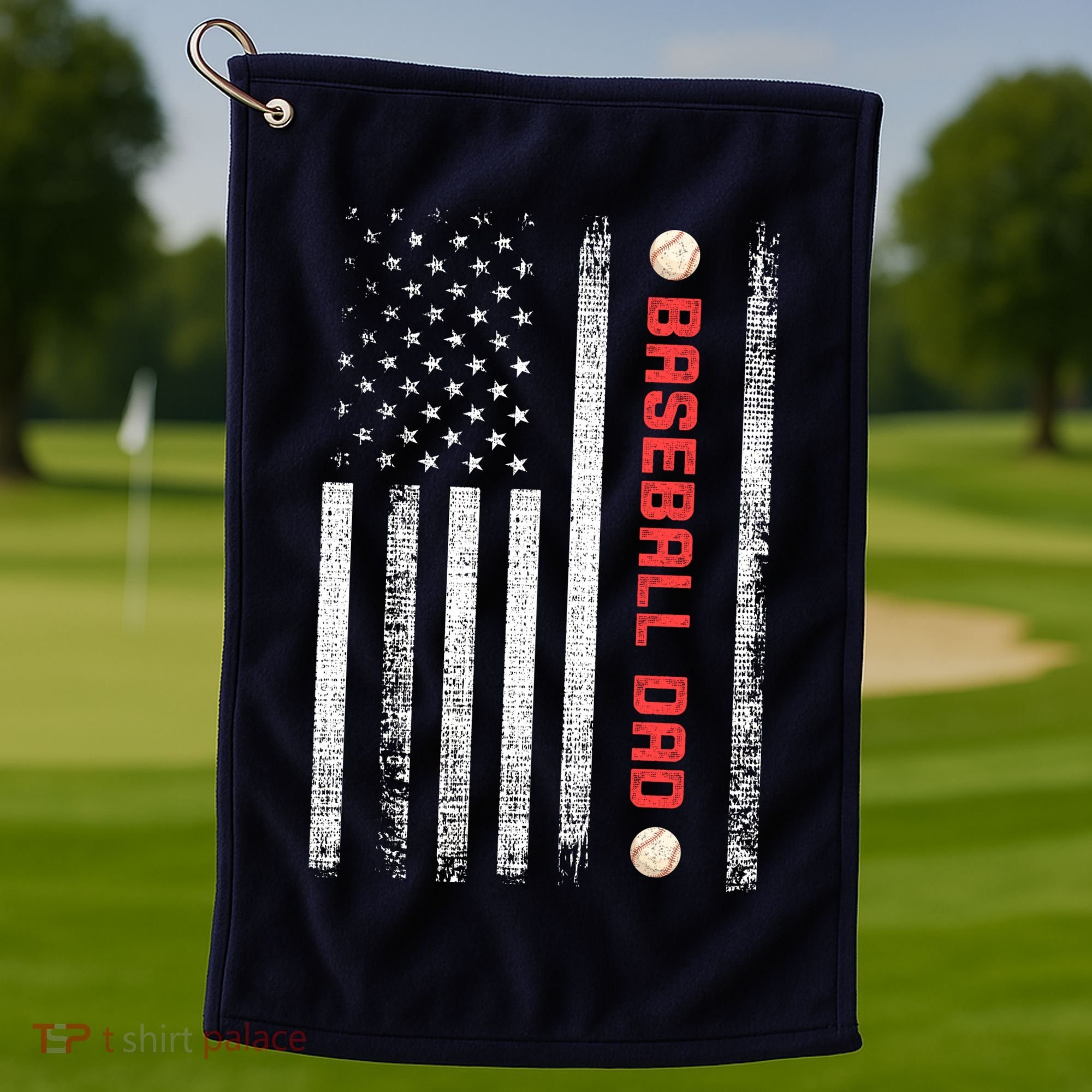 Baseball Dad American Flag Cool Father's Day Gift Golf Towel