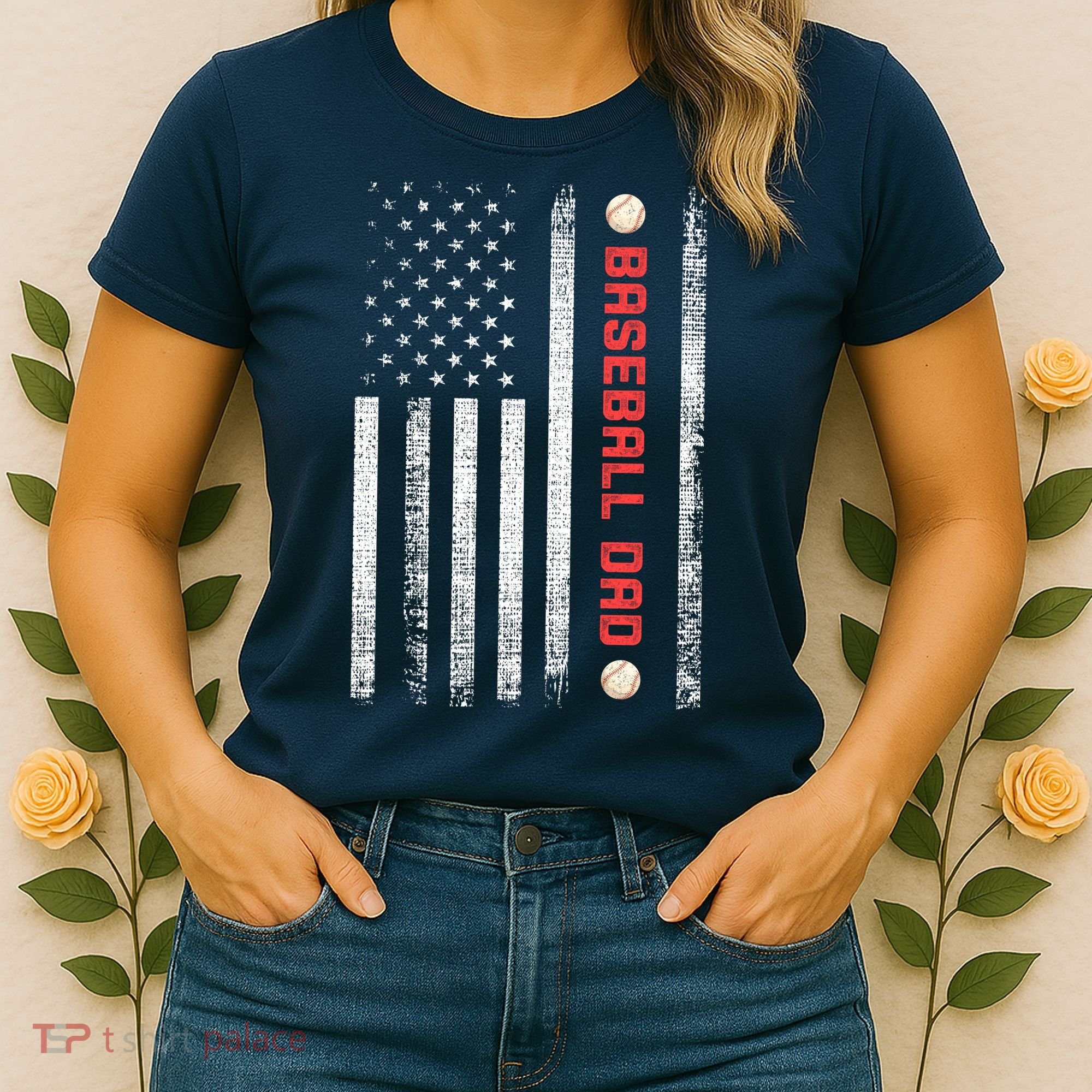 Baseball Dad American Flag Cool Father's Day Gift Women's T-Shirt