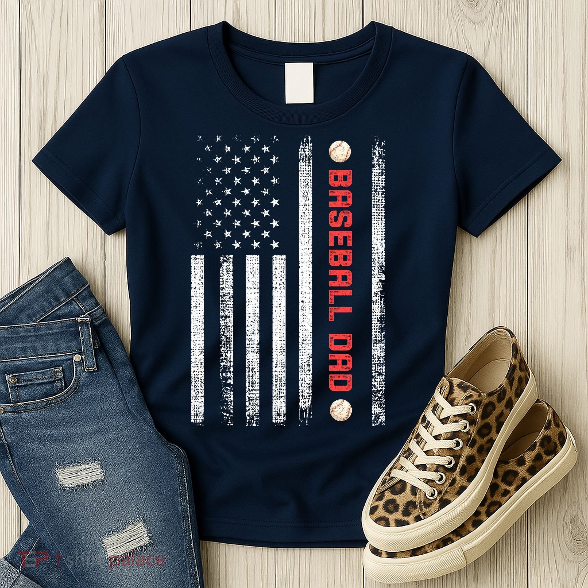 Baseball Dad American Flag Cool Father's Day Gift Women's T-Shirt