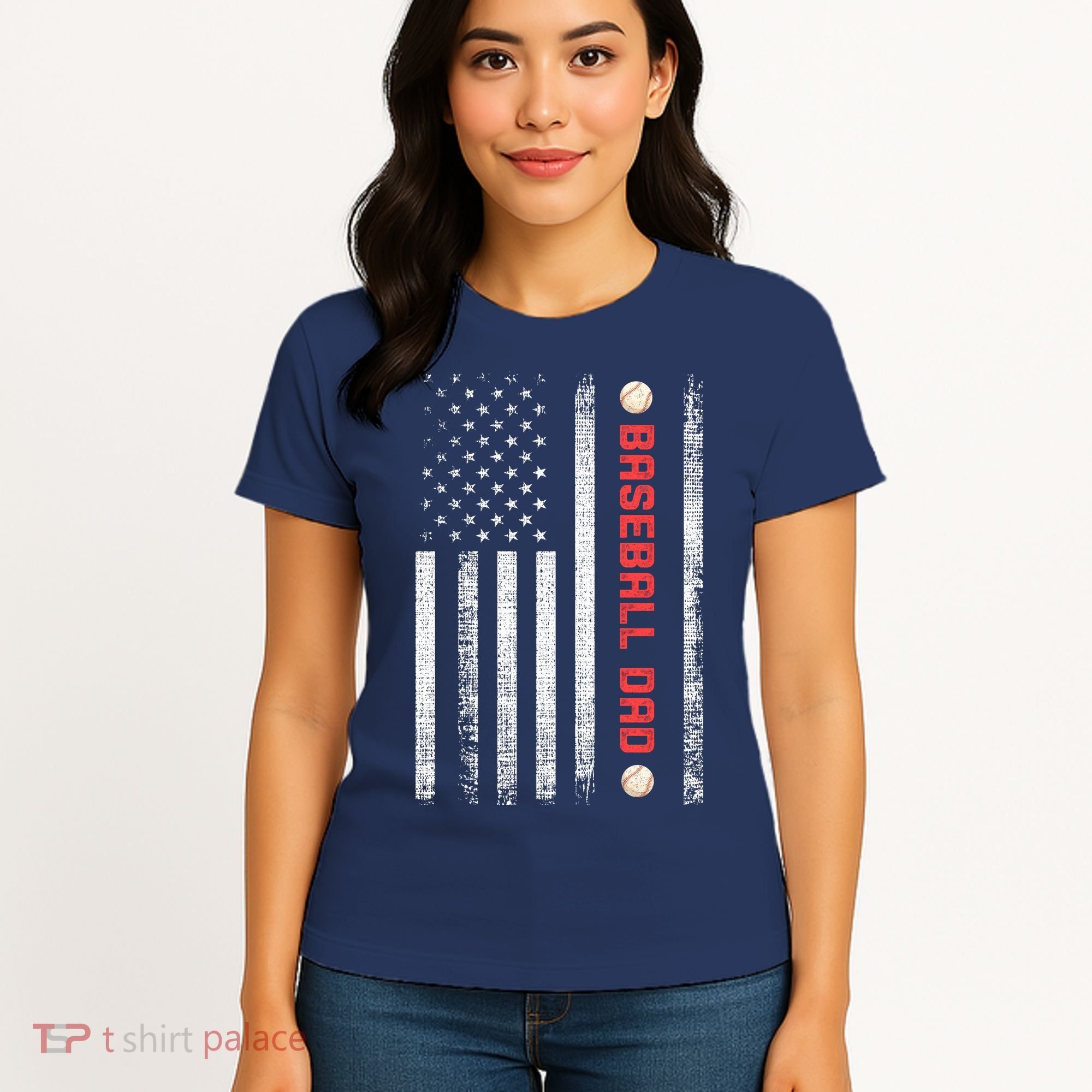 Baseball Dad American Flag Cool Father's Day Gift Women's T-Shirt
