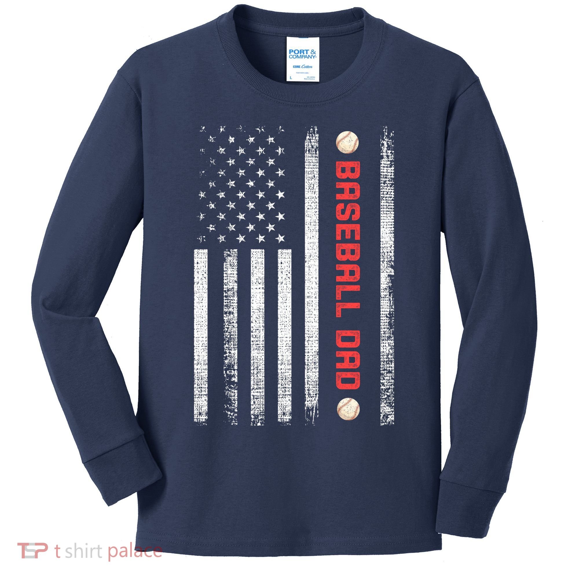 Baseball Dad American Flag Cool Father's Day Gift Kids Long Sleeve Shirt