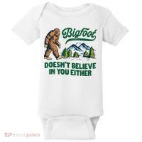 Bigfoot Doesn't Believe In You Either Funny Sasquatch Retro Baby Bodysuit thumb 0