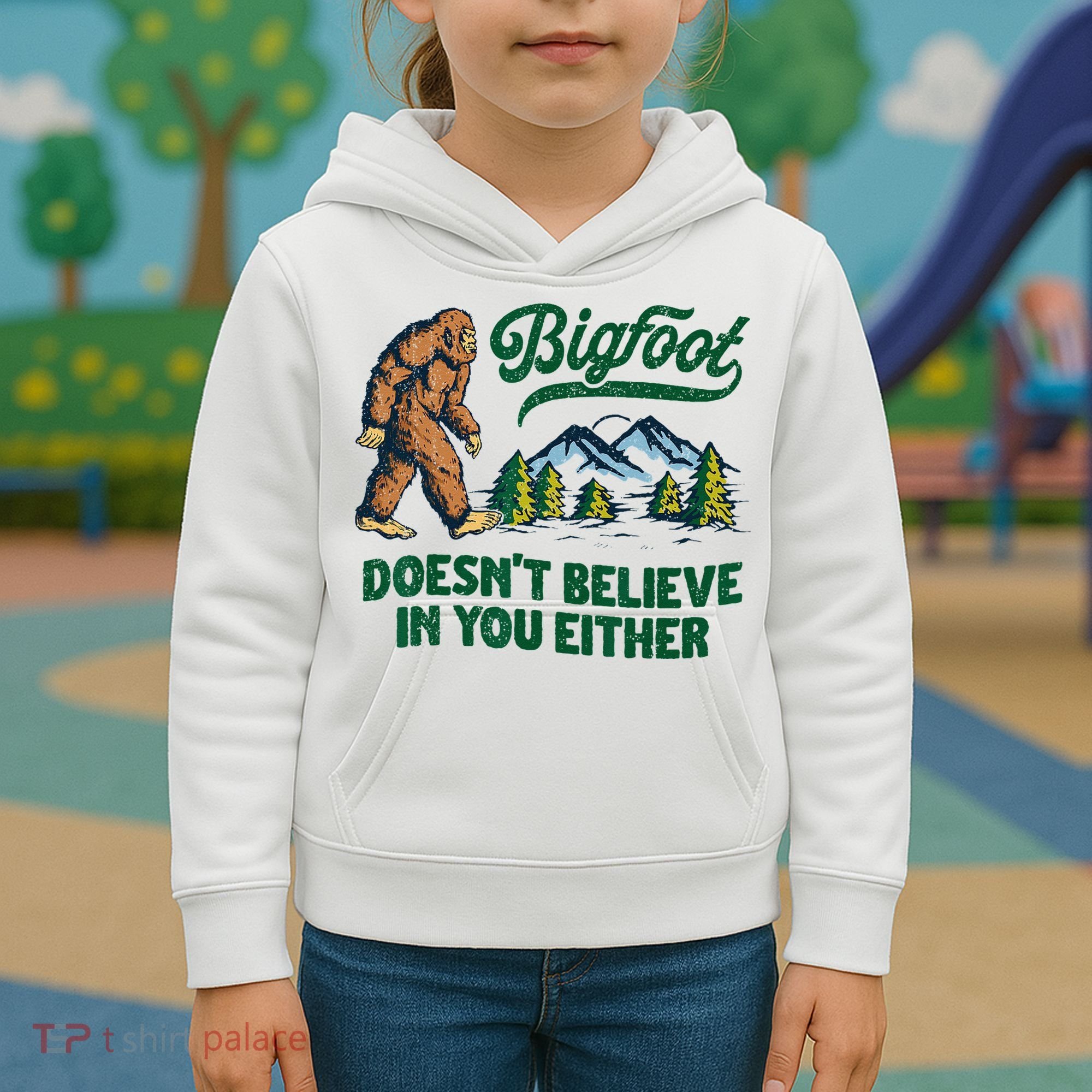 Bigfoot Doesn't Believe In You Either Funny Sasquatch Retro Kids Hoodie