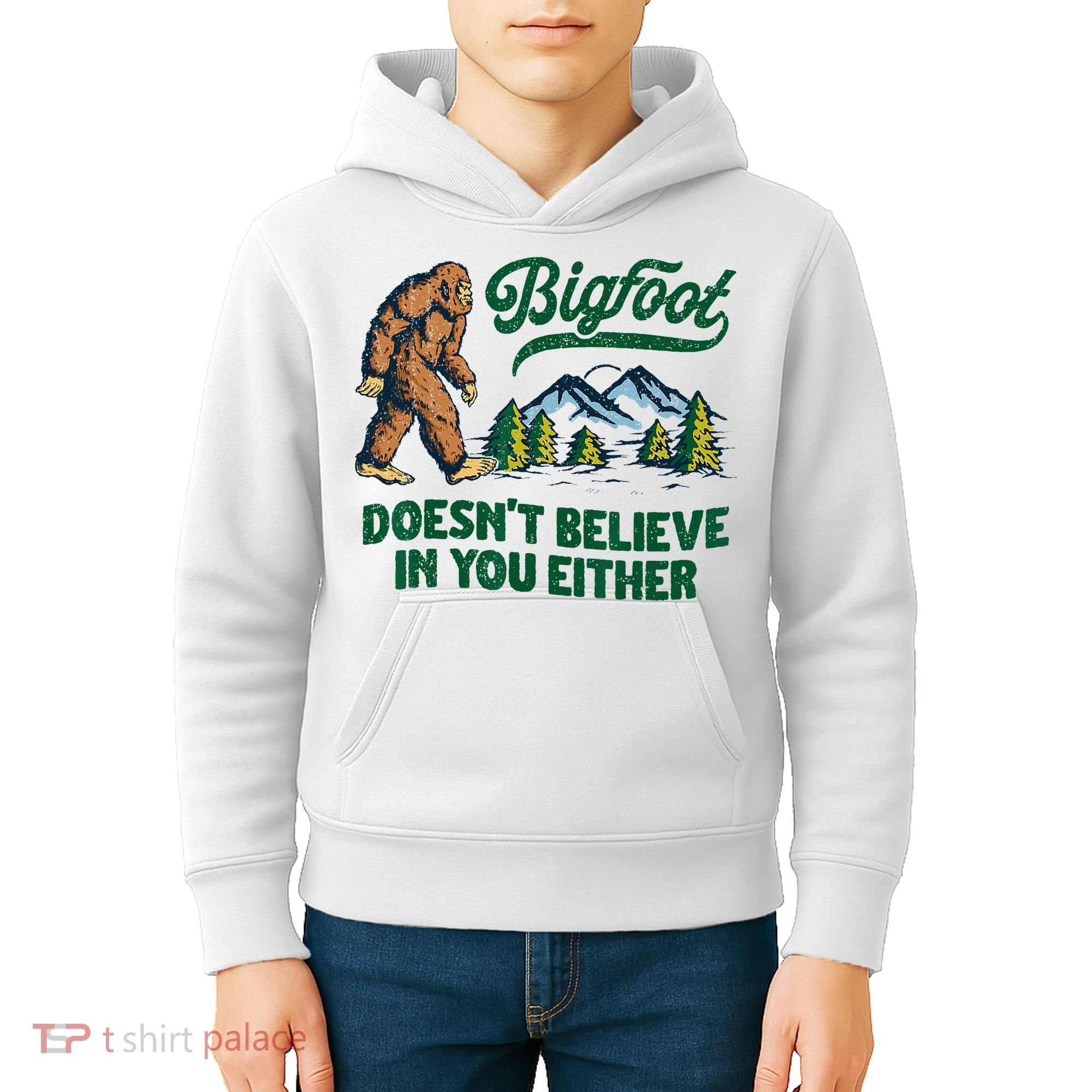 Bigfoot Doesn't Believe In You Either Funny Sasquatch Retro Kids Hoodie