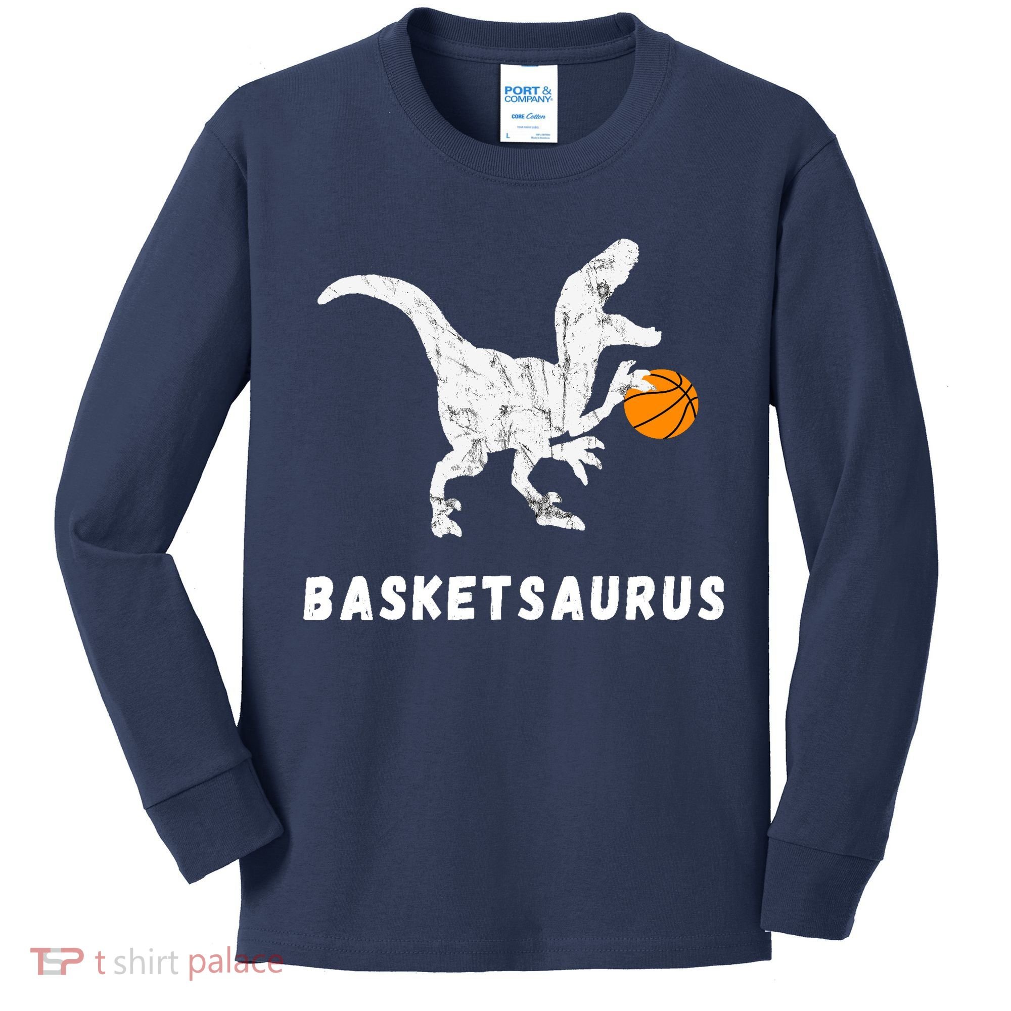 Basketball Dinosaur Baller T-rex Dino Playing Basketball Kids Long Sleeve Shirt