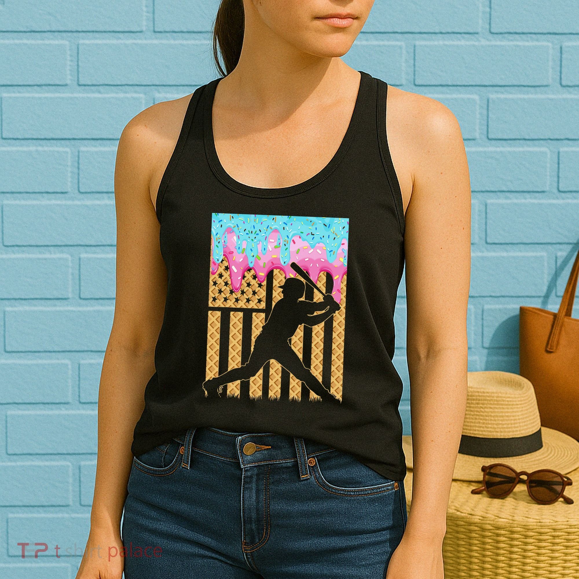 Baseball Drip Bat Dripping Ice Cream American Flag Women's Tank Top