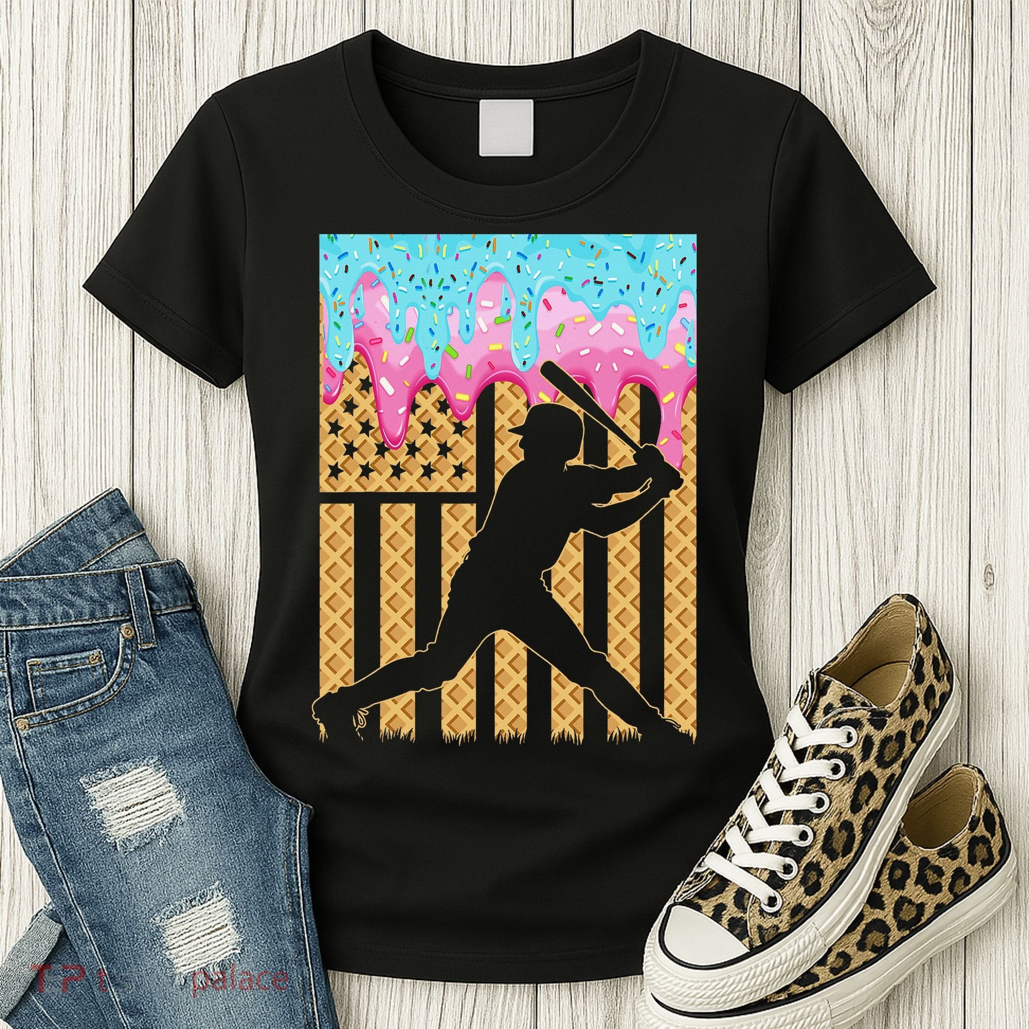 Baseball Drip Bat Dripping Ice Cream American Flag Women's T-Shirt