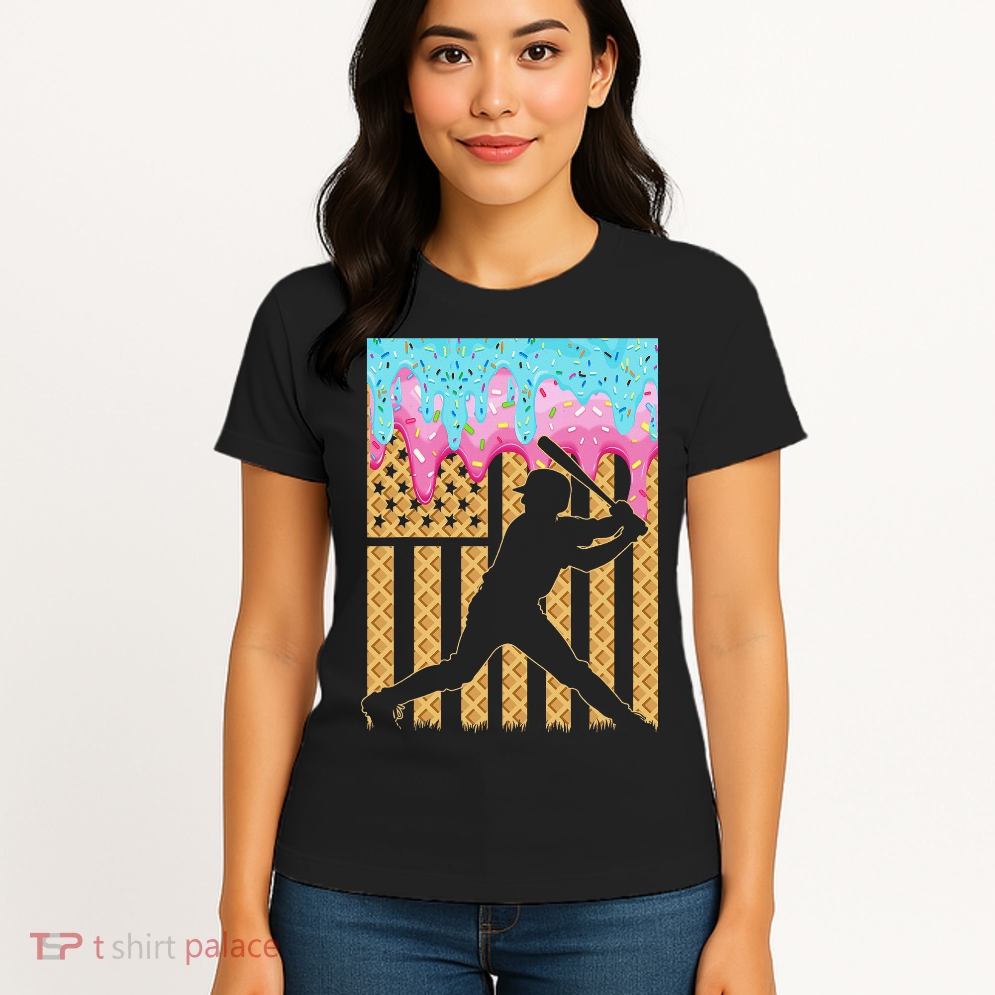 Baseball Drip Bat Dripping Ice Cream American Flag Women's T-Shirt