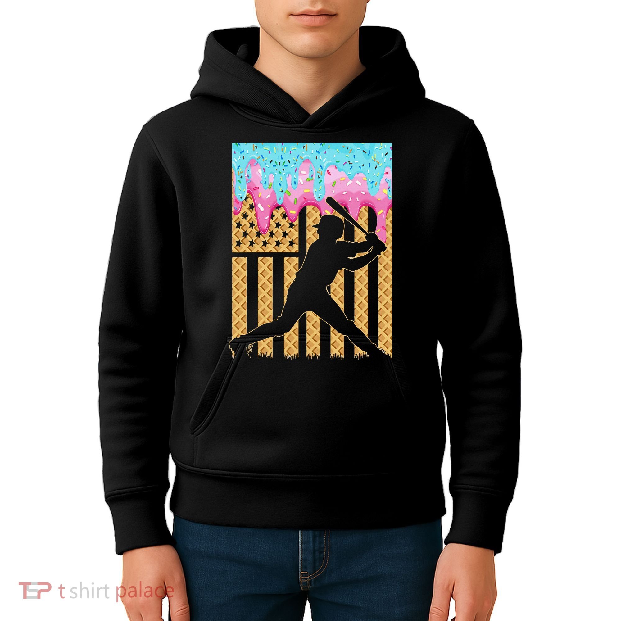 Baseball Drip Bat Dripping Ice Cream American Flag Kids Hoodie