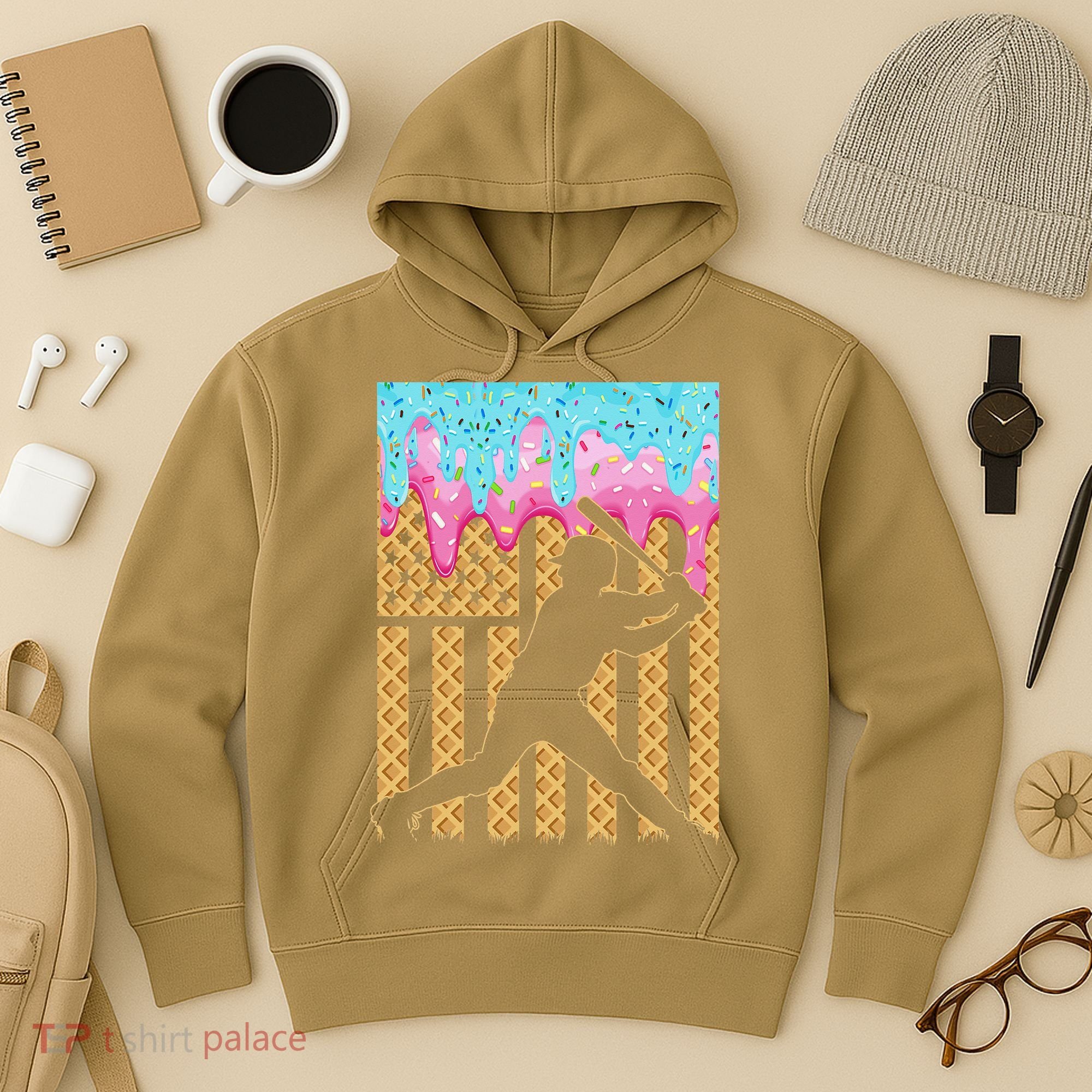 Baseball Drip Bat Dripping Ice Cream American Flag Hoodie