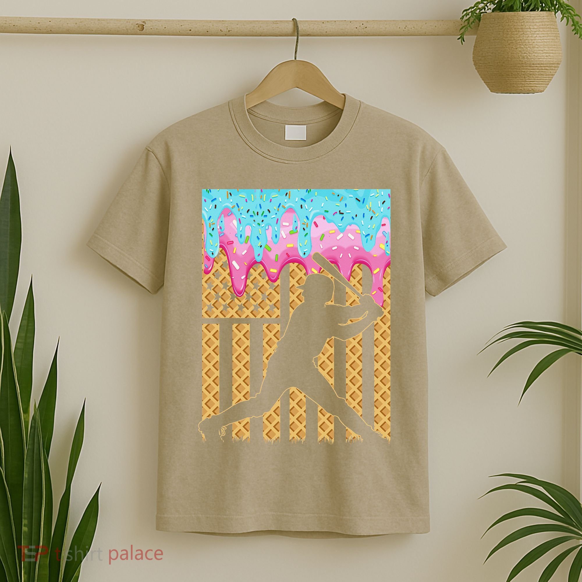 Baseball Drip Bat Dripping Ice Cream American Flag T-Shirt
