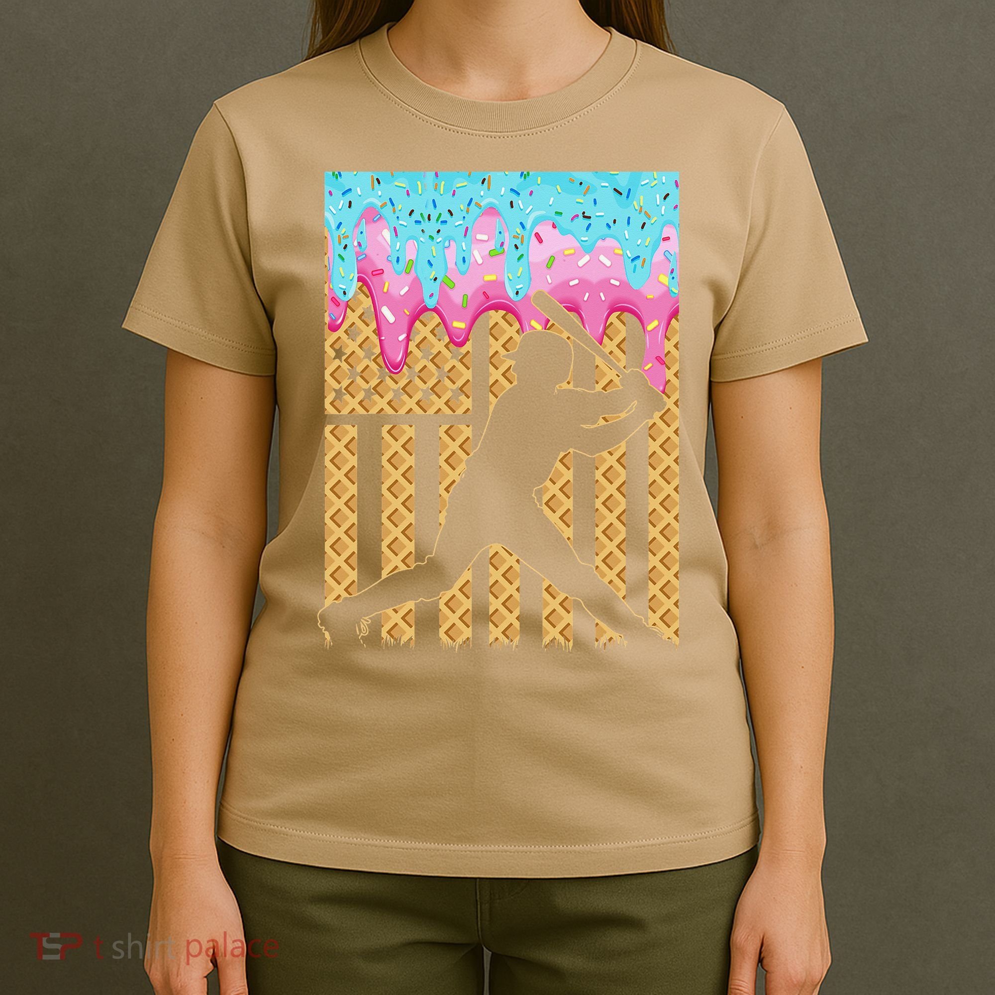 Baseball Drip Bat Dripping Ice Cream American Flag T-Shirt