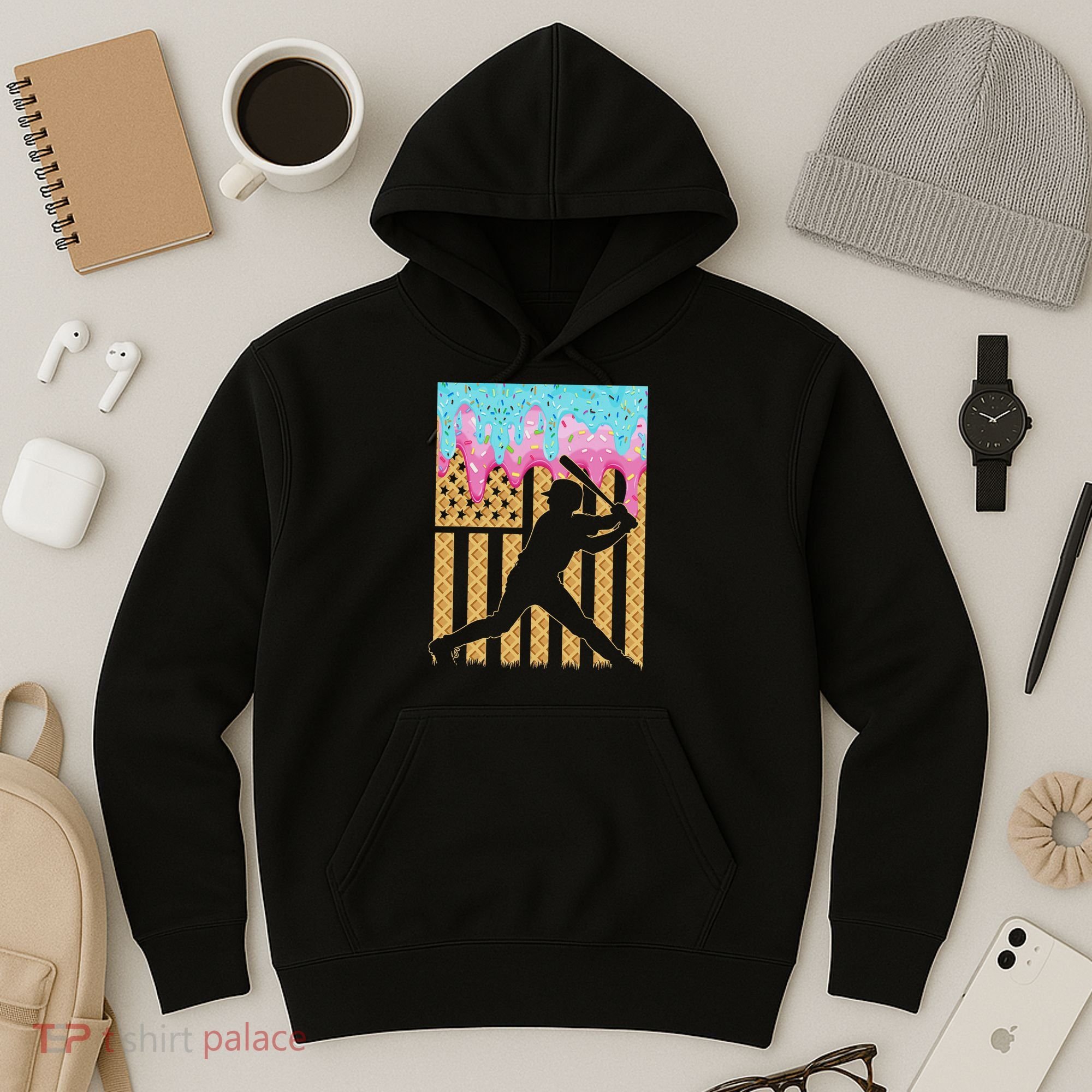 Baseball Drip Bat Boy Dripping Ice Cream American Flag Hoodie