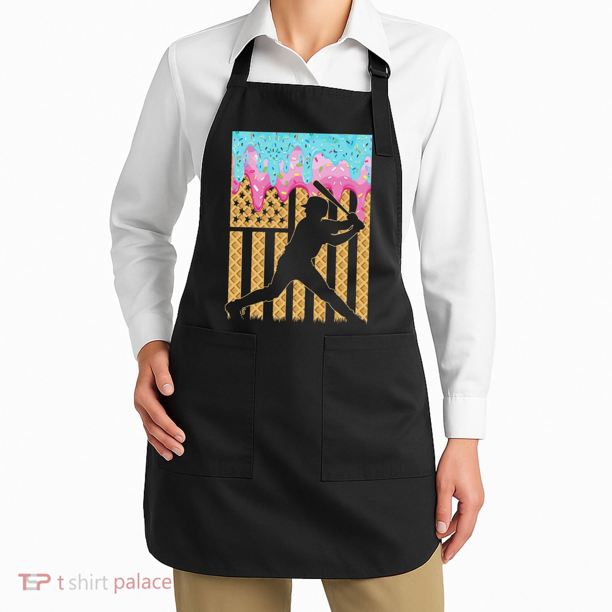 Baseball Drip Bat Boy Dripping Ice Cream American Flag Apron