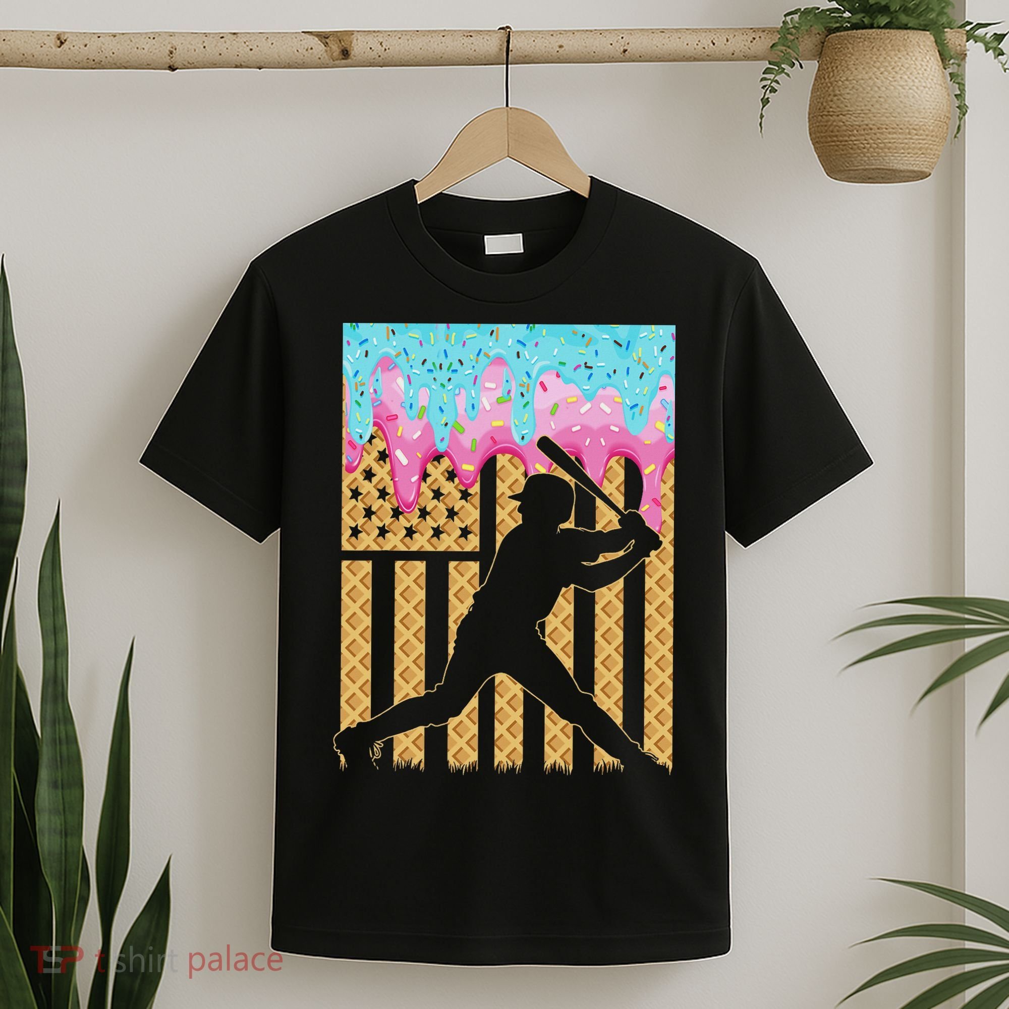 Baseball Drip Bat Boy Dripping Ice Cream American Flag T-Shirt