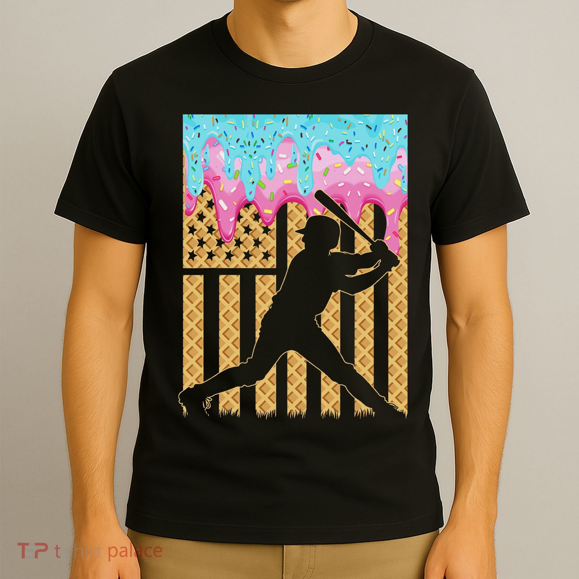 Baseball Drip Bat Boy Dripping Ice Cream American Flag T-Shirt