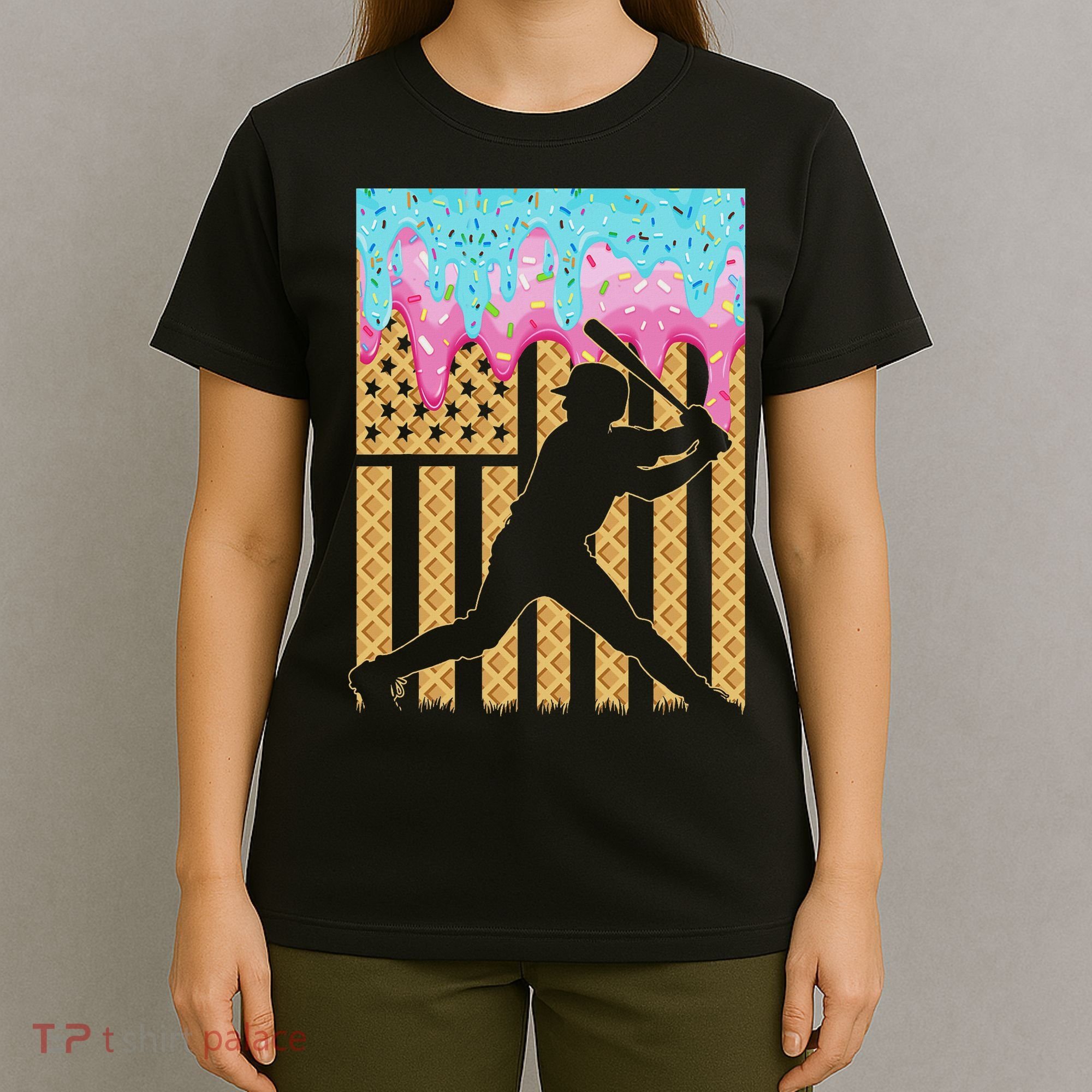 Baseball Drip Bat Boy Dripping Ice Cream American Flag T-Shirt