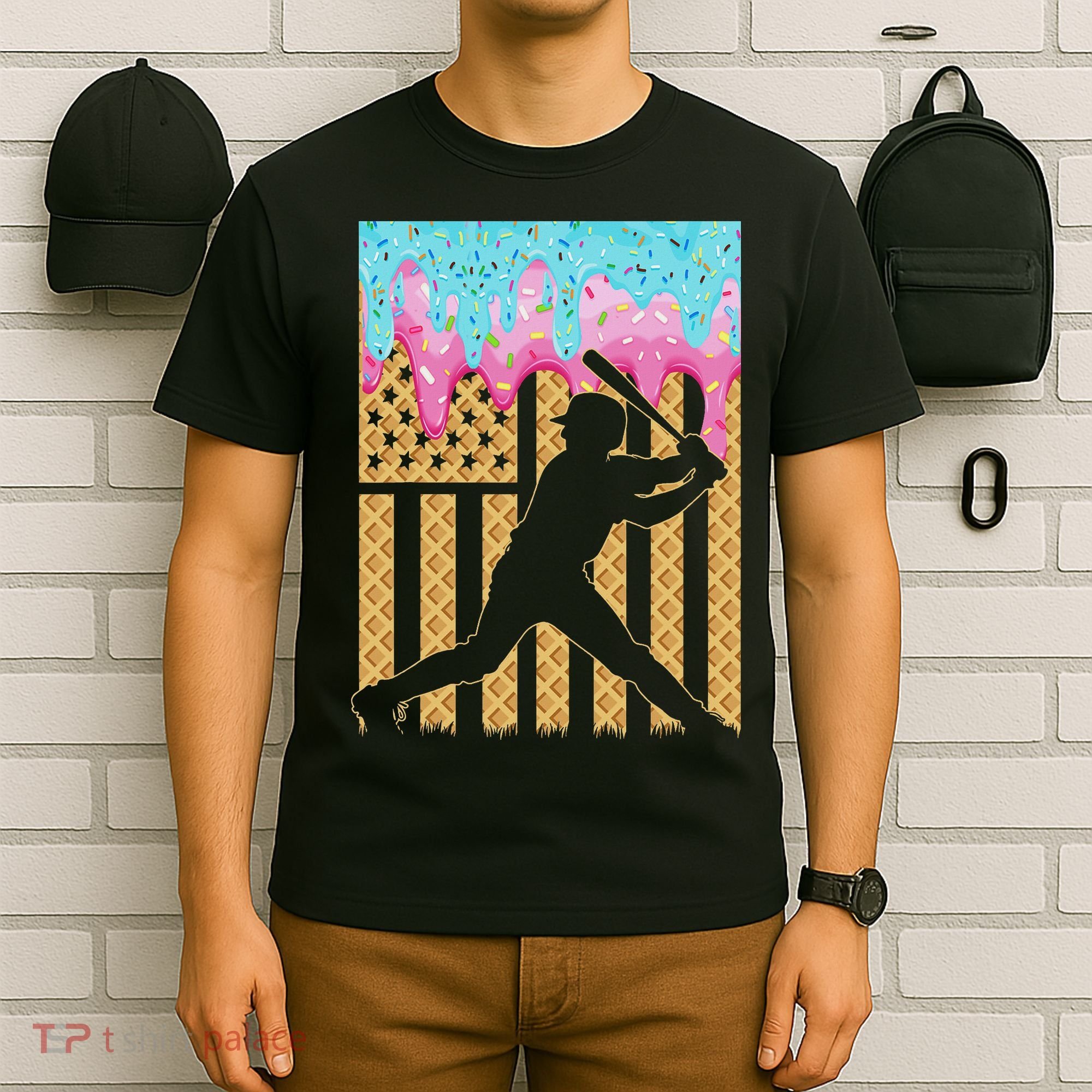 Baseball Drip Bat Boy Dripping Ice Cream American Flag T-Shirt