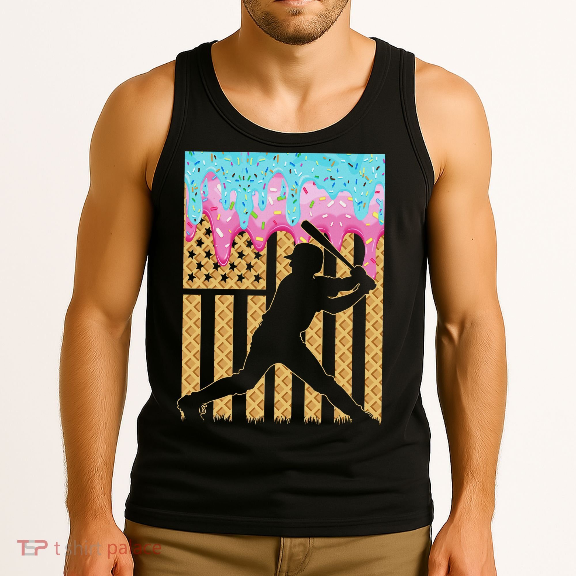 Baseball Drip Bat Boy Dripping Ice Cream American Flag Tank Top