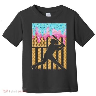 Baseball Drip Bat Boy Dripping Ice Cream American Flag Toddler T-Shirt