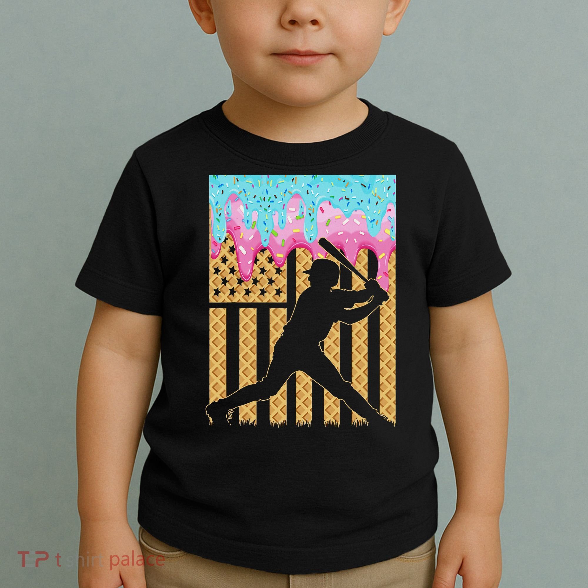 Baseball Drip Bat Boy Dripping Ice Cream American Flag Toddler T-Shirt