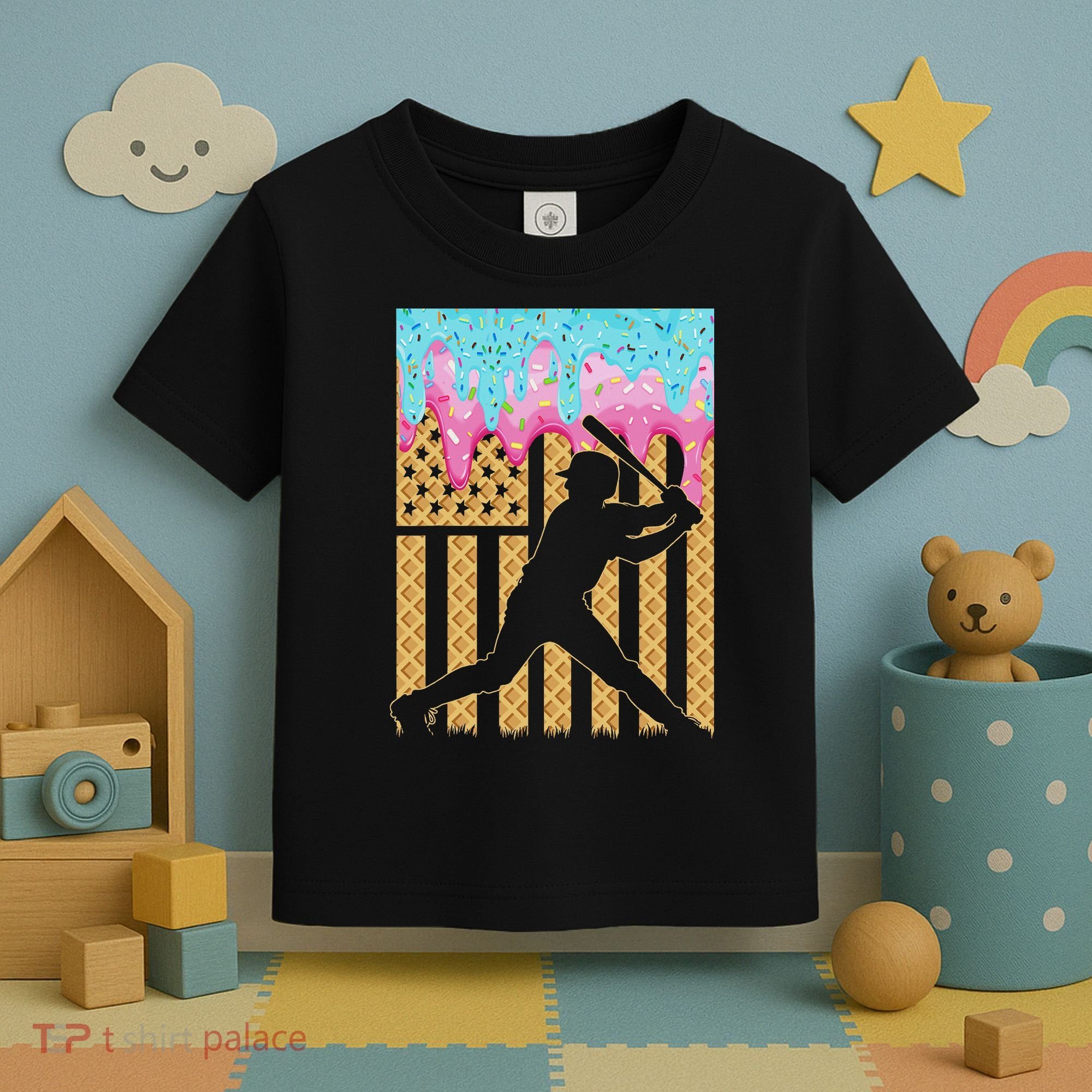 Baseball Drip Bat Boy Dripping Ice Cream American Flag Toddler T-Shirt