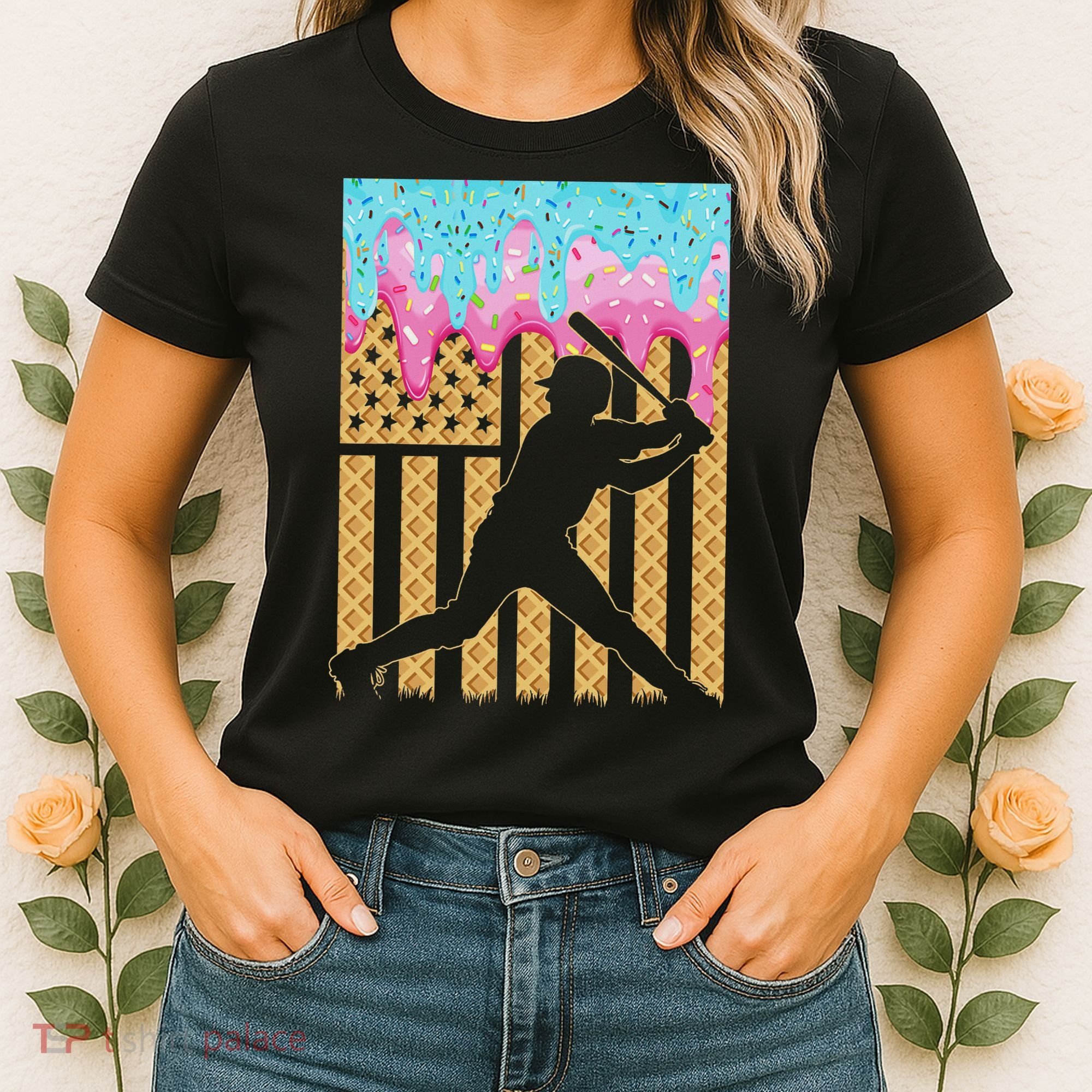 Baseball Drip Bat Boy Dripping Ice Cream American Flag Women's T-Shirt