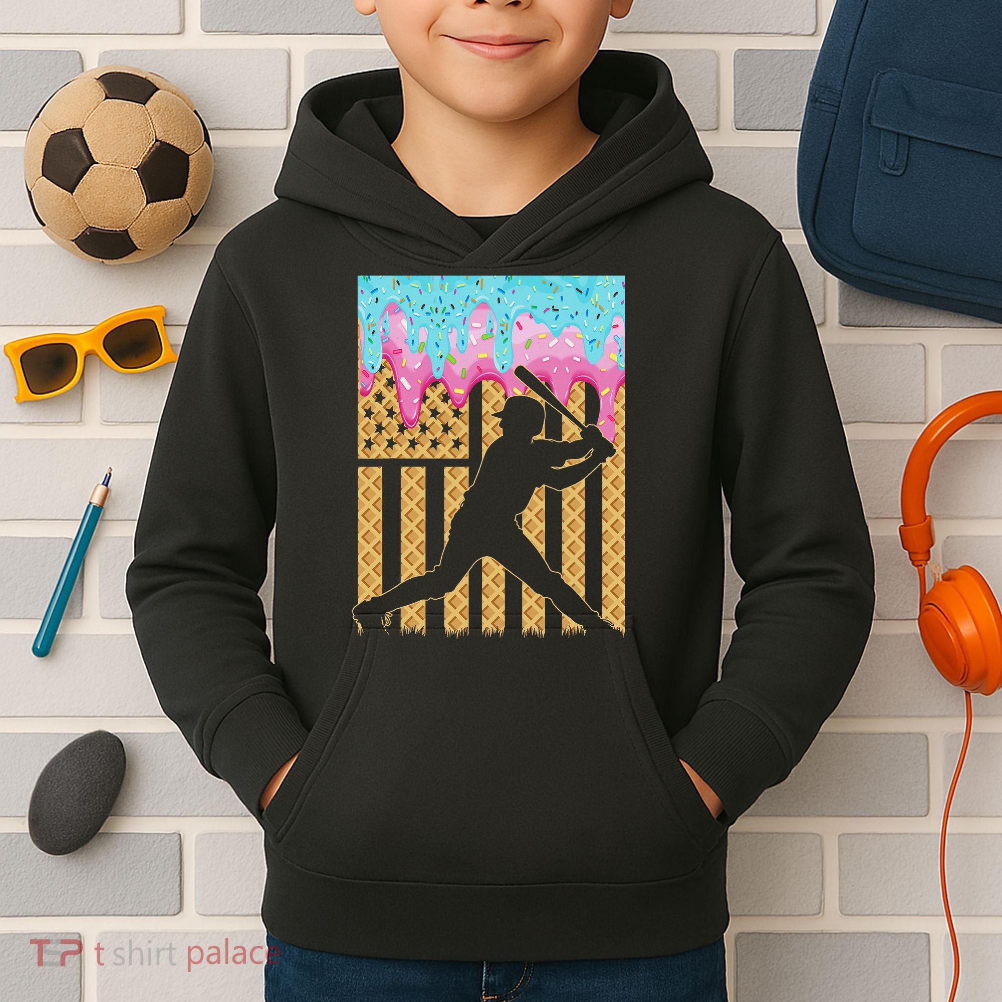 Baseball Drip Bat Boy Dripping Ice Cream American Flag Kids Hoodie